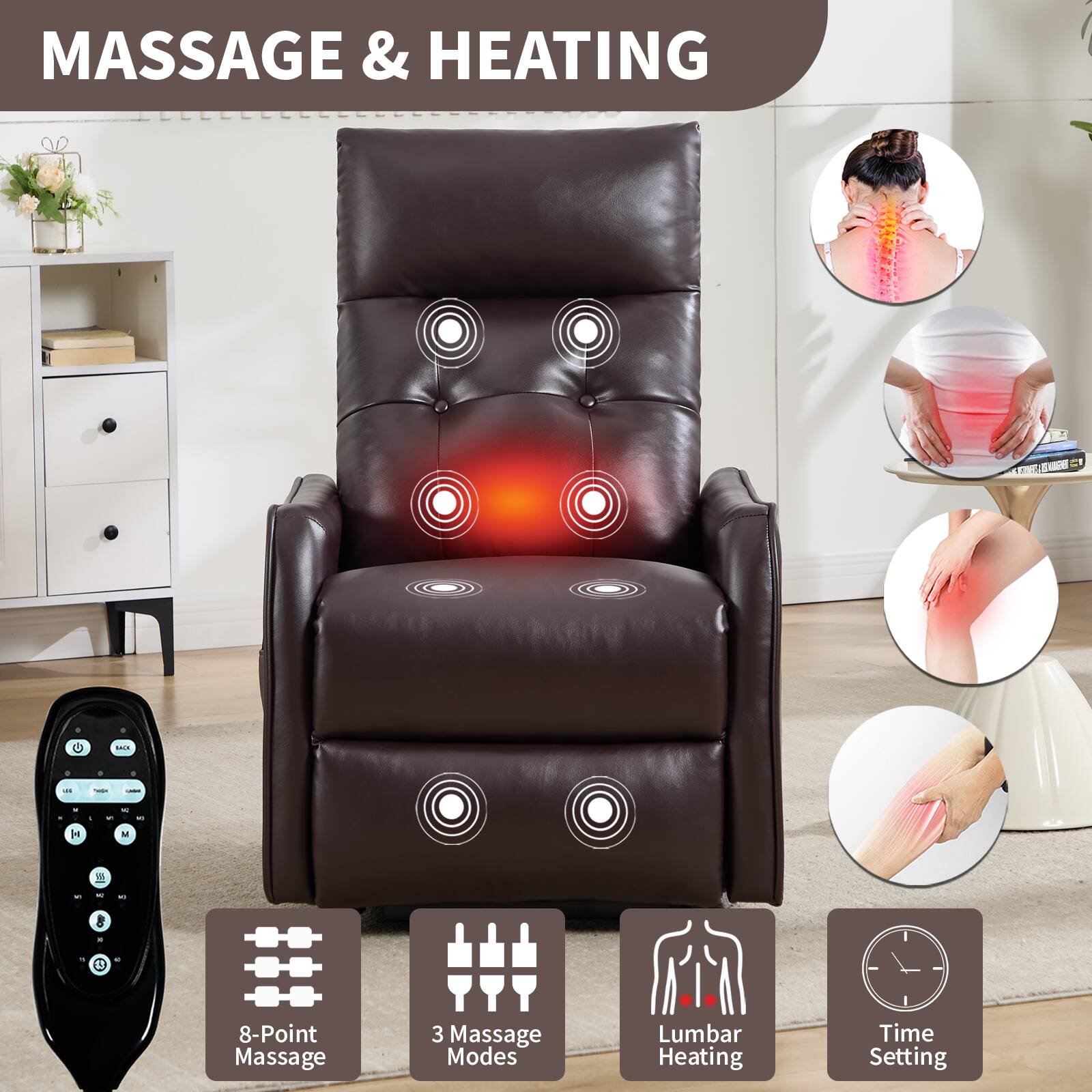 MASSAGE & HEATING

8-Point Massage  
3 Massage Modes  
Lumbar Heating  
Time Setting