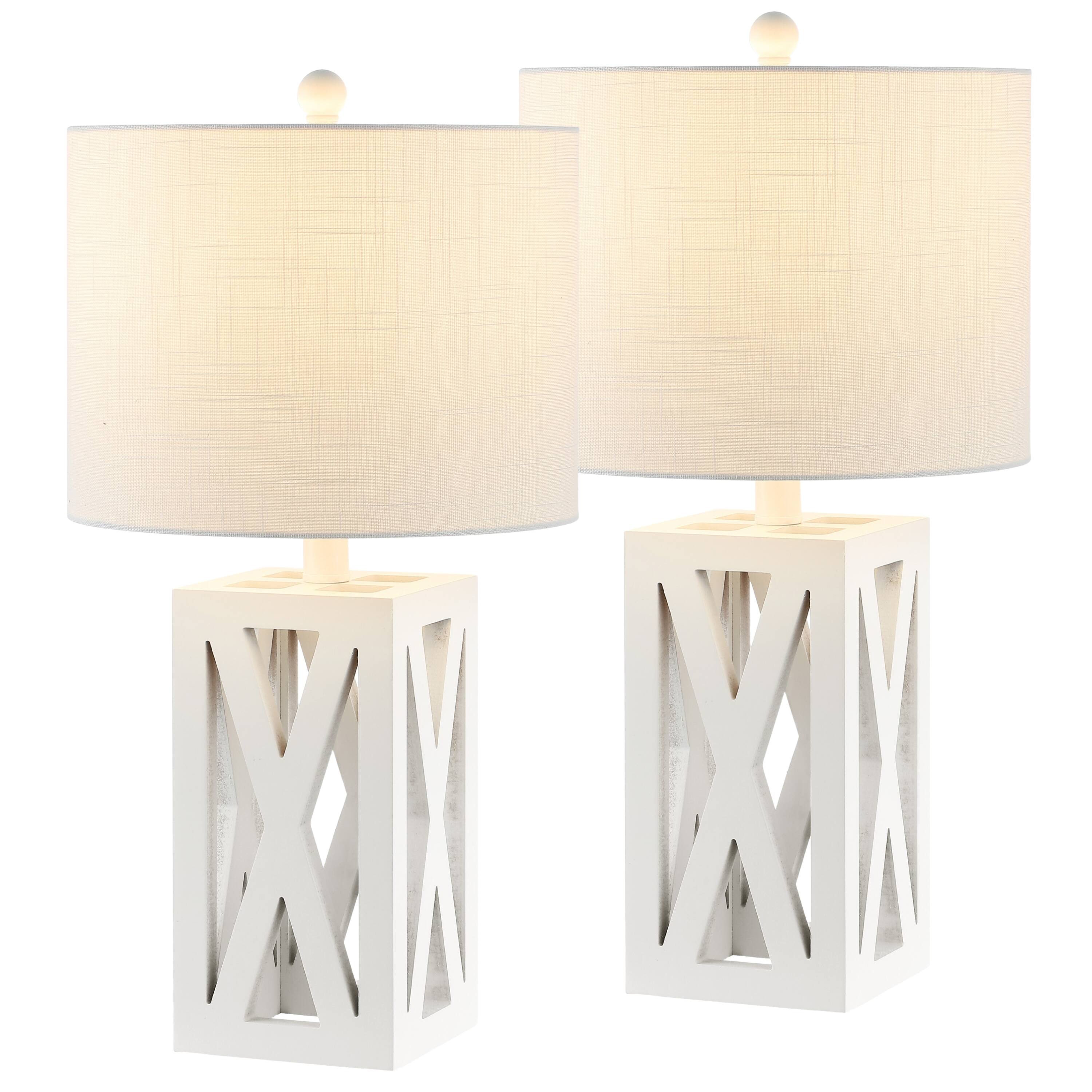 Front. Jonathan Y - Stewart 21.5" Farmhouse Wood LED Table Lamp, White (Set of 2) - White.