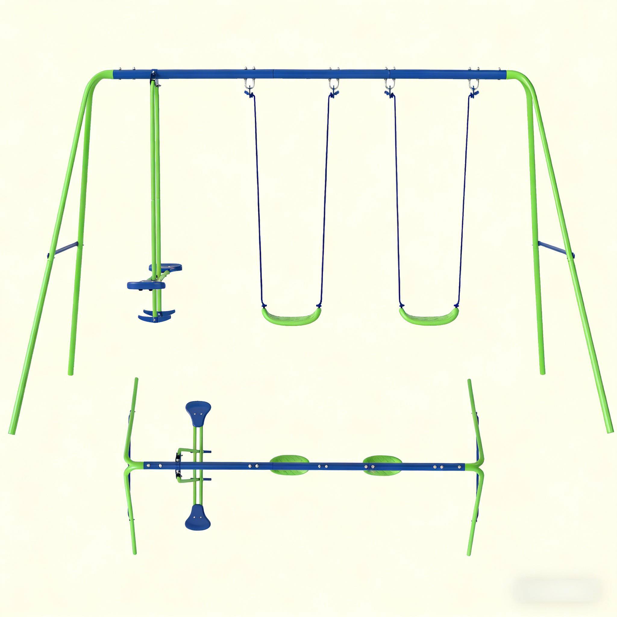 Left. Siljoy - Heavy‑Duty Metal Swing Set with 2 Seats & Glider, 396lb Capacity, Adjustable Height, Blue/Green, for Backyard - Blue,Green.