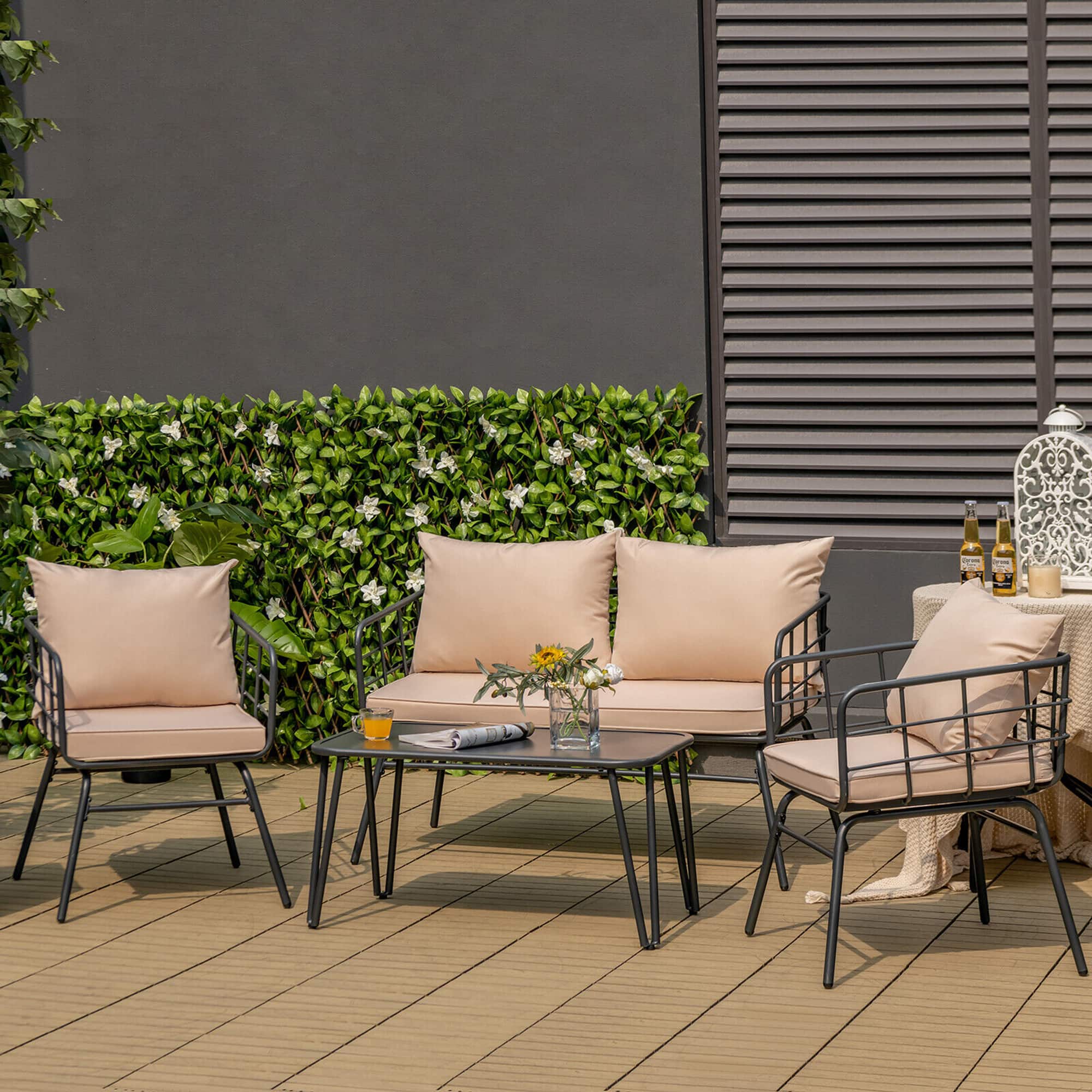 Gymax - 4PCS Patio Conversation Set Outdoor Furniture Set w/ Cushions Steel Structure - Beige