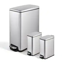 Innovaze - 11.9 Gallon/ 45 Liter + Two 1.6 Gallon/6 Liter Rectangular Step-on Trash Can Set For Bathroom and Kitchen - Silver