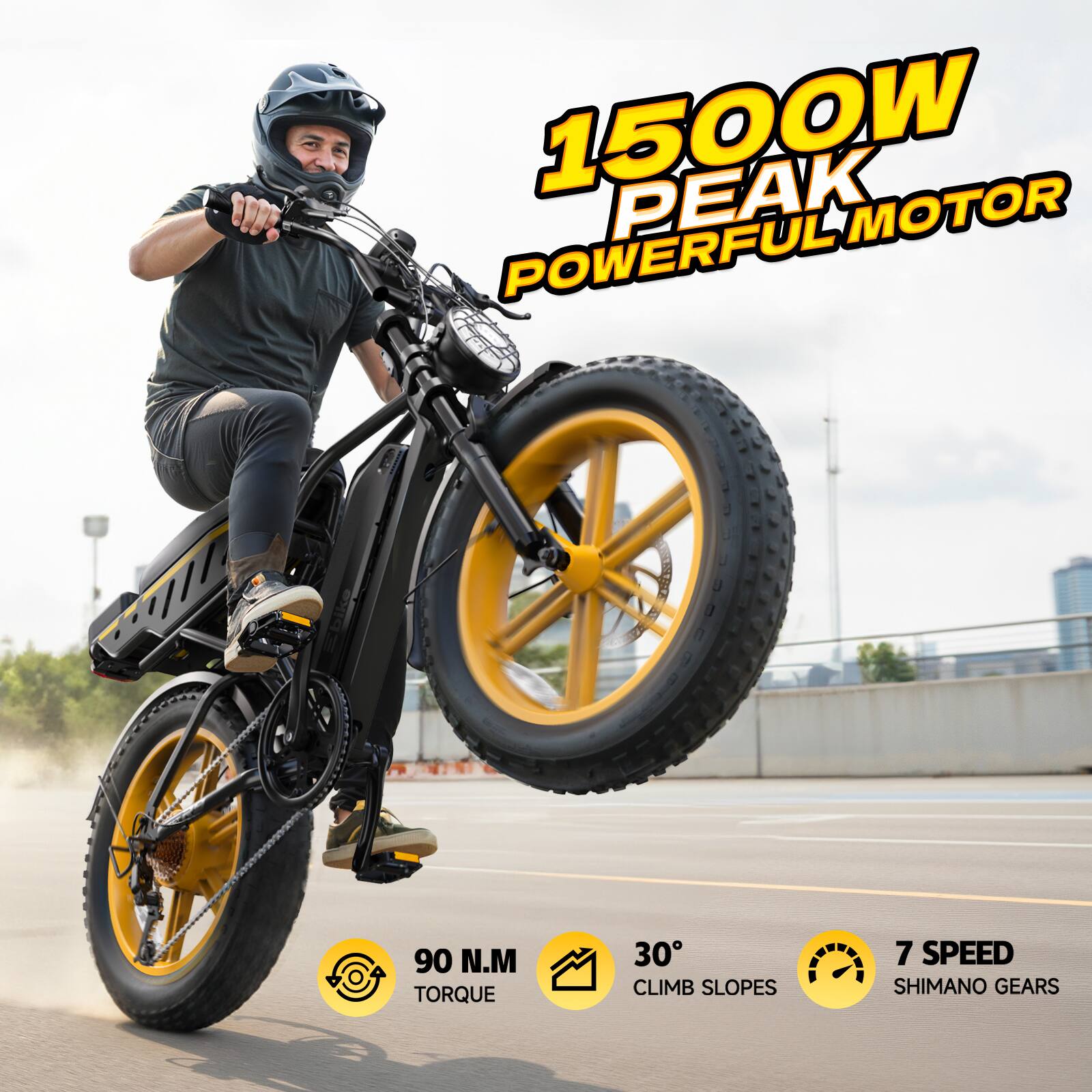 1500W Peak Motor Powerful  
90 N.M Torque  
30° Climb Slopes  
7 Speed Shimano Gears