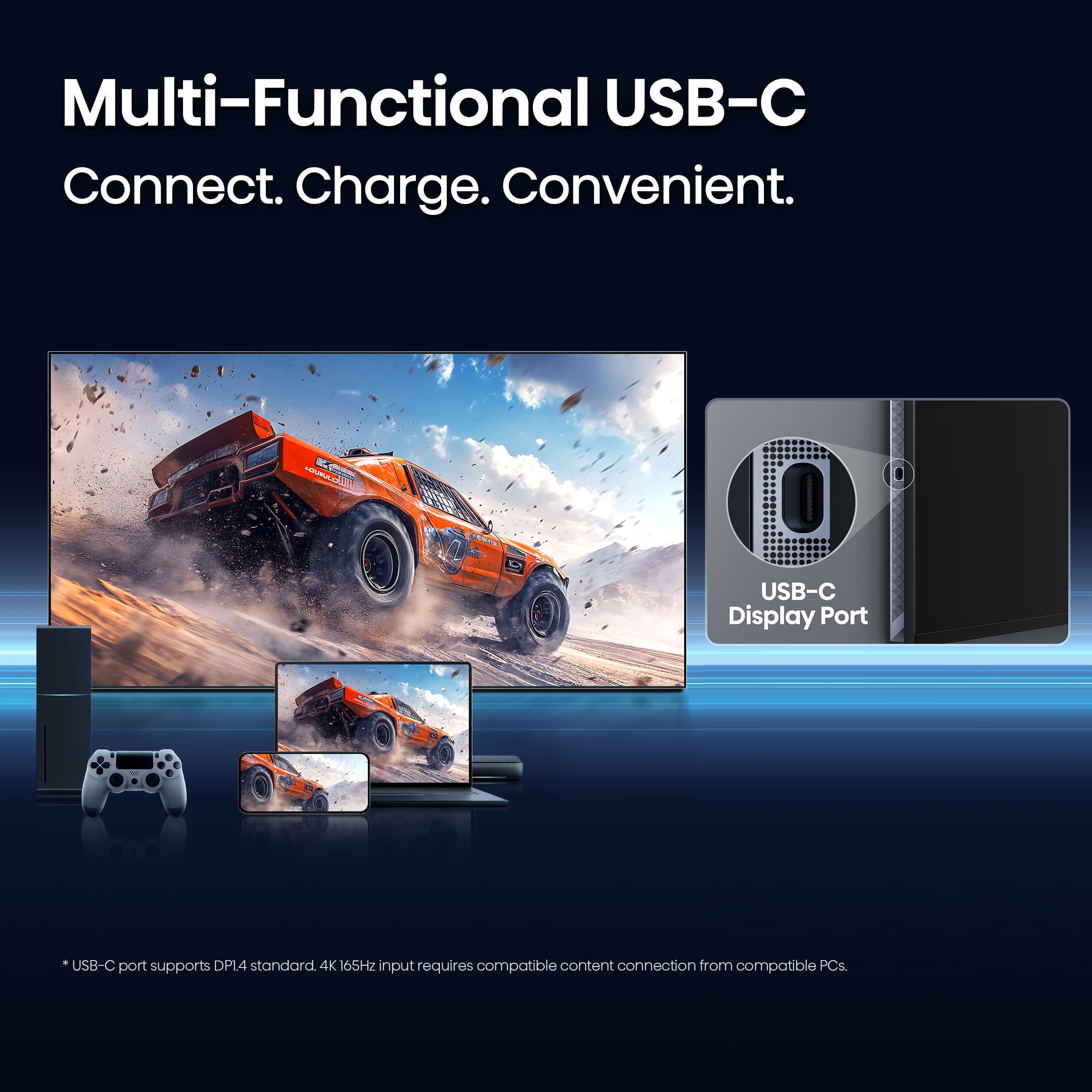 Multi-Functional USB-C Connect. Charge. Convenient. USB-C Display Port USB-C port supports OPLA standard. 4K 16SHZ input requires compatible content connection from compatible PCs.