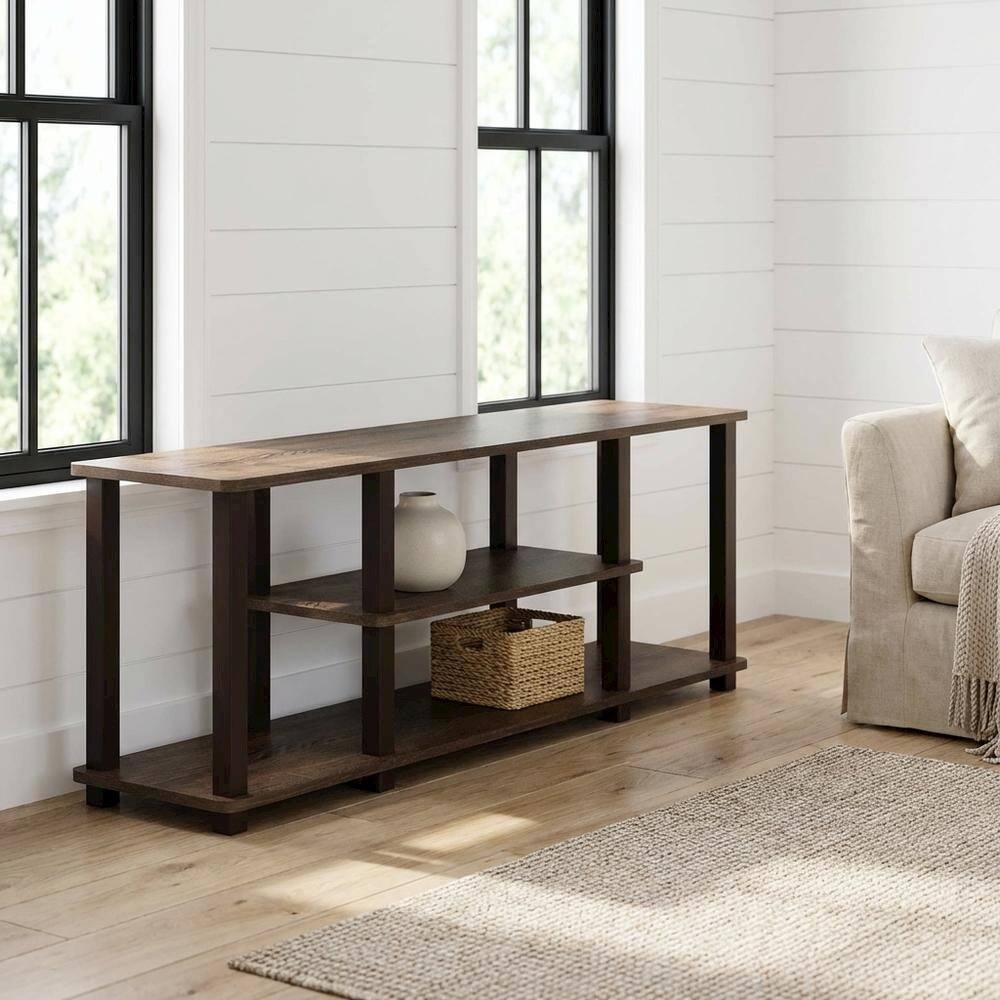 Alt View 1. FurniFact - Walnut Brown 3-Tier TV Stand with Modern Wood Finish and Square Tube Design - Brown.