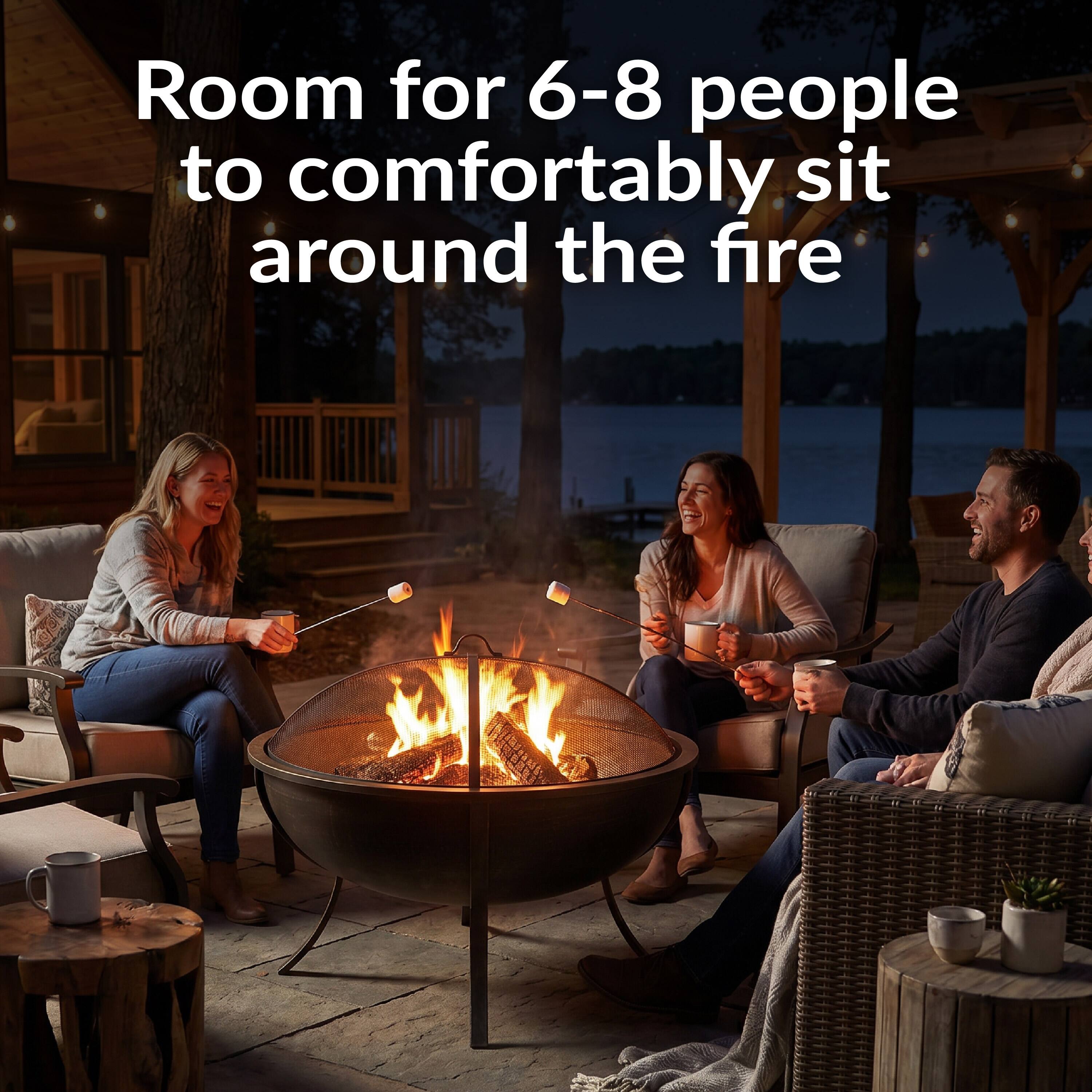 Room for 6-8 people to comfortably sit around the fire