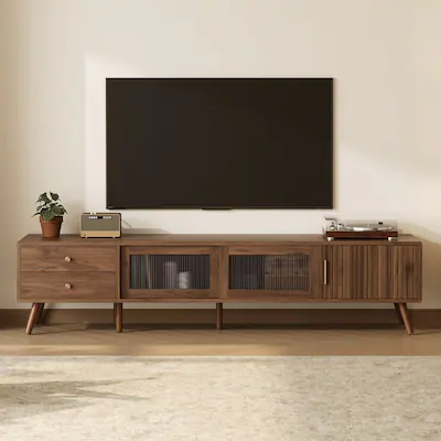 Front. Z-Edge - TV Stand for TVs up to 85", Entertainment Center with Storage Cabinets & Glass-Doors, TV Media Console for Living Room - Walnut.