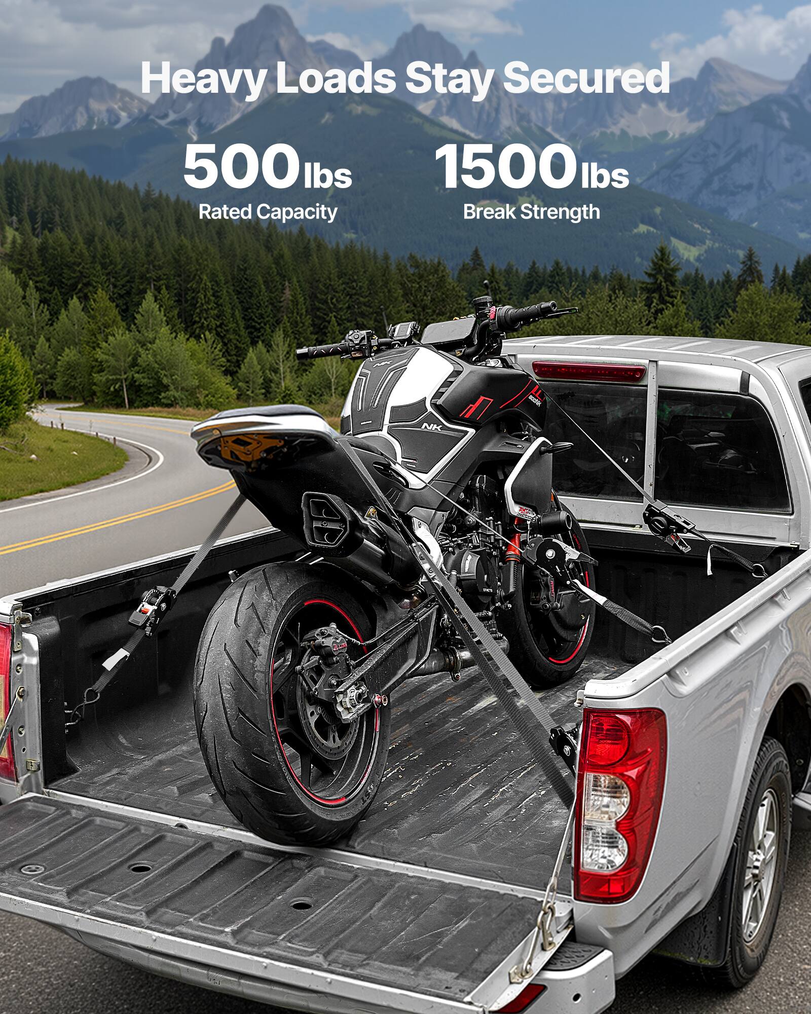 Heavy Loads Stay Secured  
500 lbs Rated Capacity  
1500 lbs Break Strength