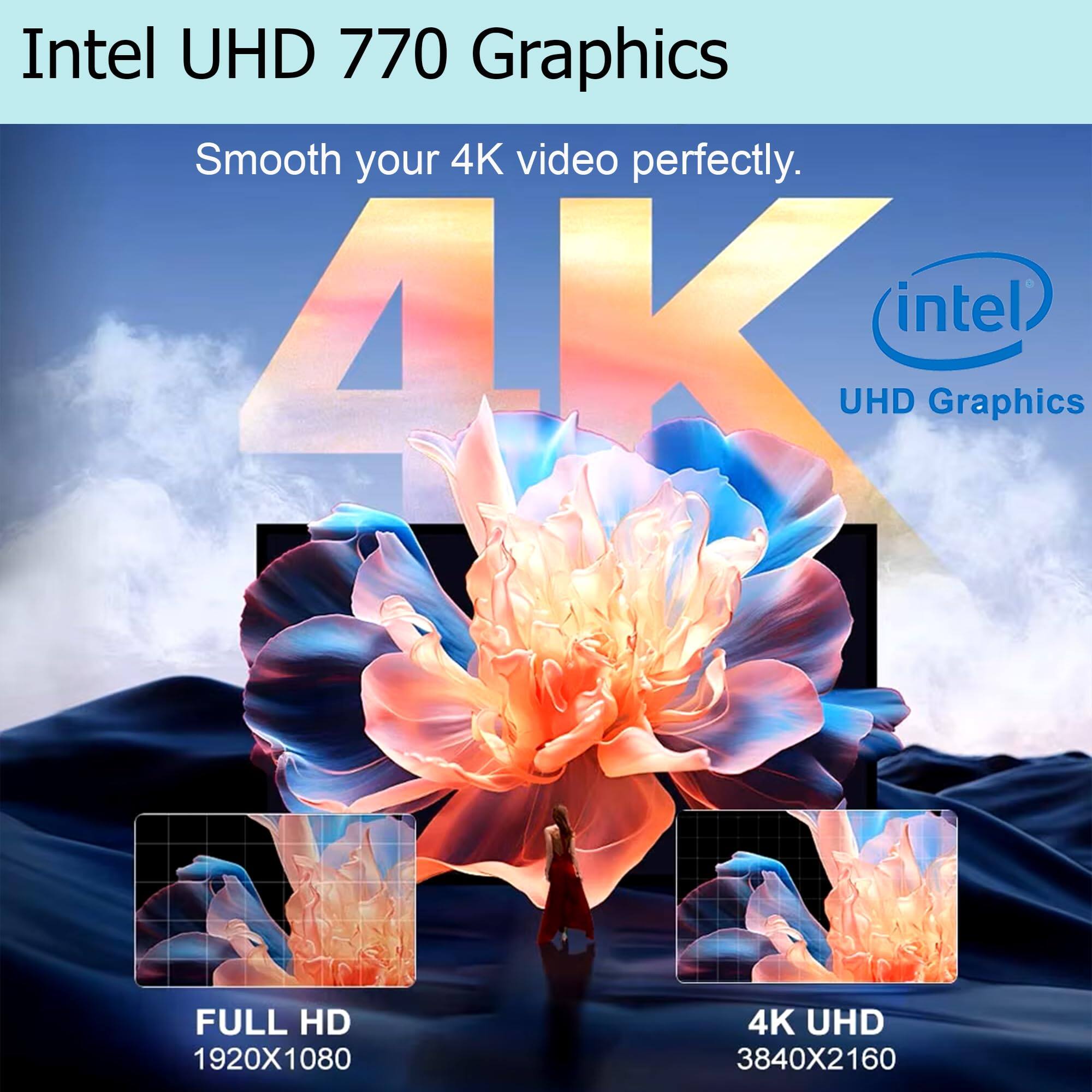 Intel UHD 770 Graphics  
Smooth your 4K video perfectly.  

Intel UHD Graphics  
FULL HD 1920x1080  
4K UHD 3840x2160