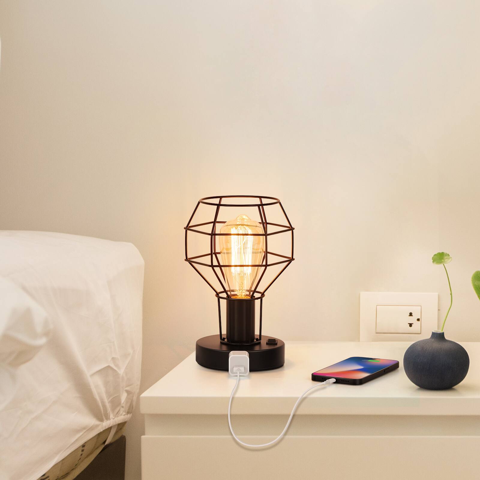 Alt View 1. Oumilen - Set of 2 Industrial Metal Cage Table Lamps with USB & AC Outlet – Vintage Edison Desk Lamps.
