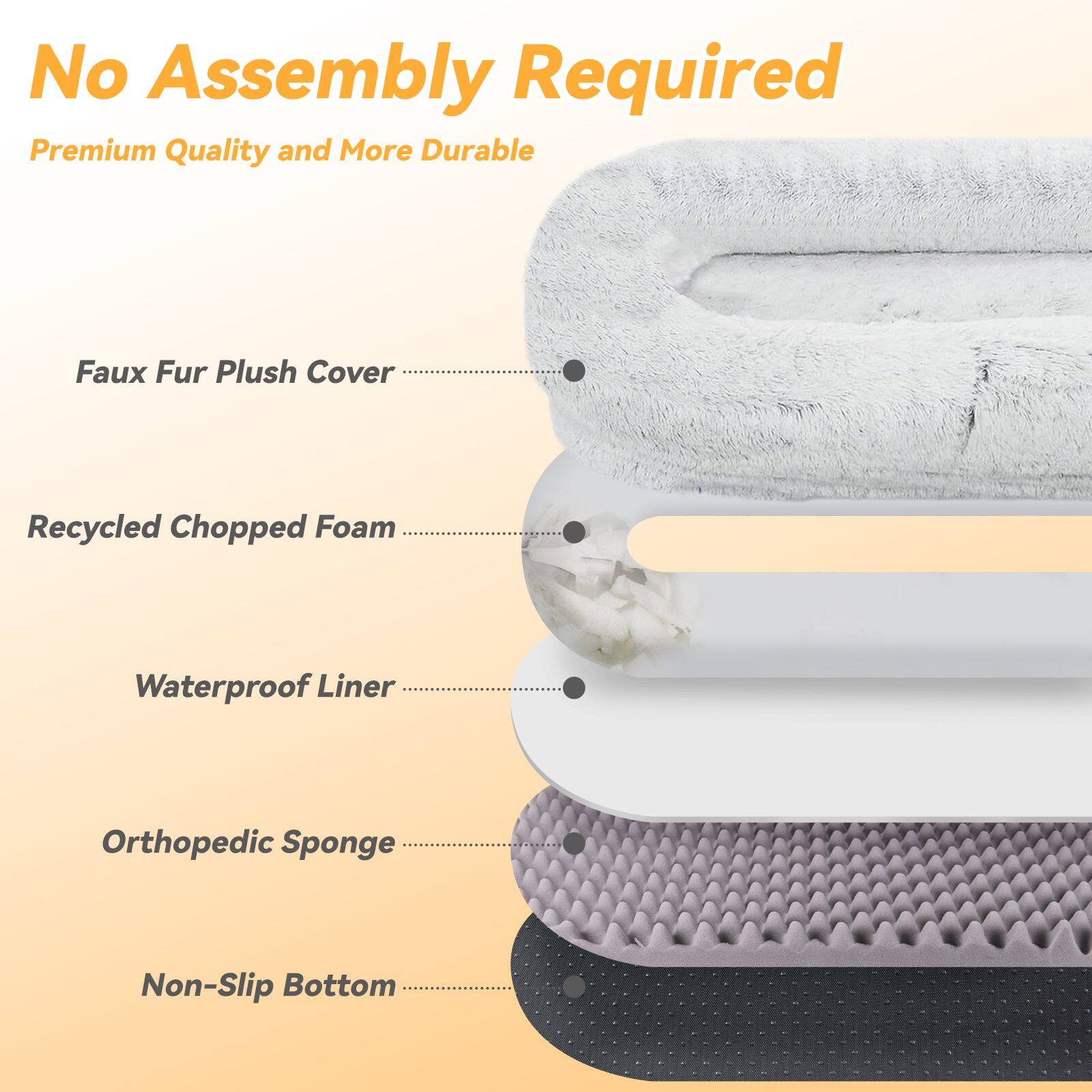 No Assembly Required  
Premium Quality and More Durable  

- Faux Fur Plush Cover  
- Recycled Chopped Foam  
- Waterproof Liner  
- Orthopedic Sponge  
- Non-Slip Bottom