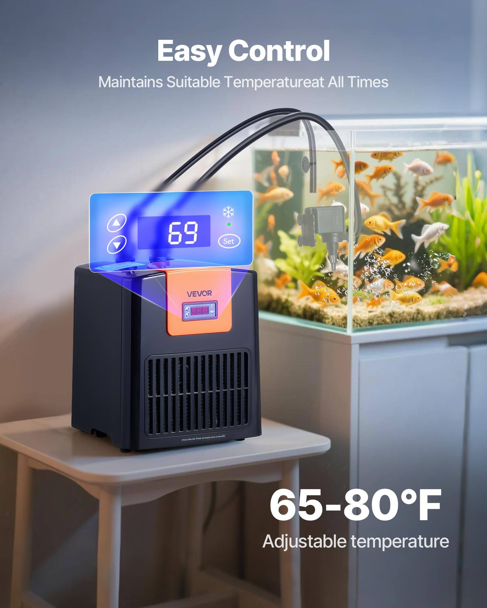 Easy Control  
Maintains Suitable Temperature at All Times  

69  
Set  

VEVOR B8H  

65-80°F  
Adjustable temperature