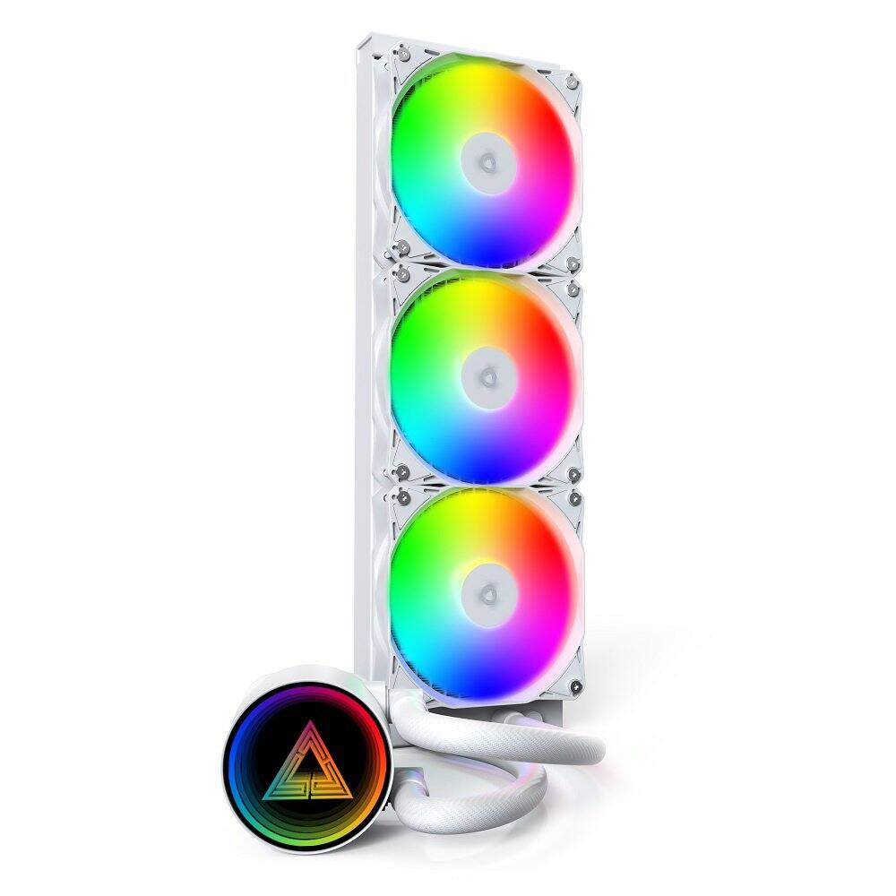 Angle. Montech - LightFlow ARGB 360 CPU Liquid Cooler, 360mm AIO with Infinity Mirror Design, 3100RPM Pump, 3x120mm ARGB Fans - White.