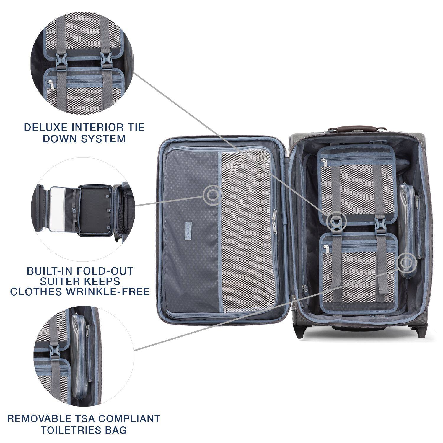 DELUXE INTERIOR TIE DOWN SYSTEM  
BUILT-IN FOLD-OUT SUITER KEEPS CLOTHES WRINKLE-FREE  
REMOVABLE TSA COMPLIANT TOILETRIES BAG