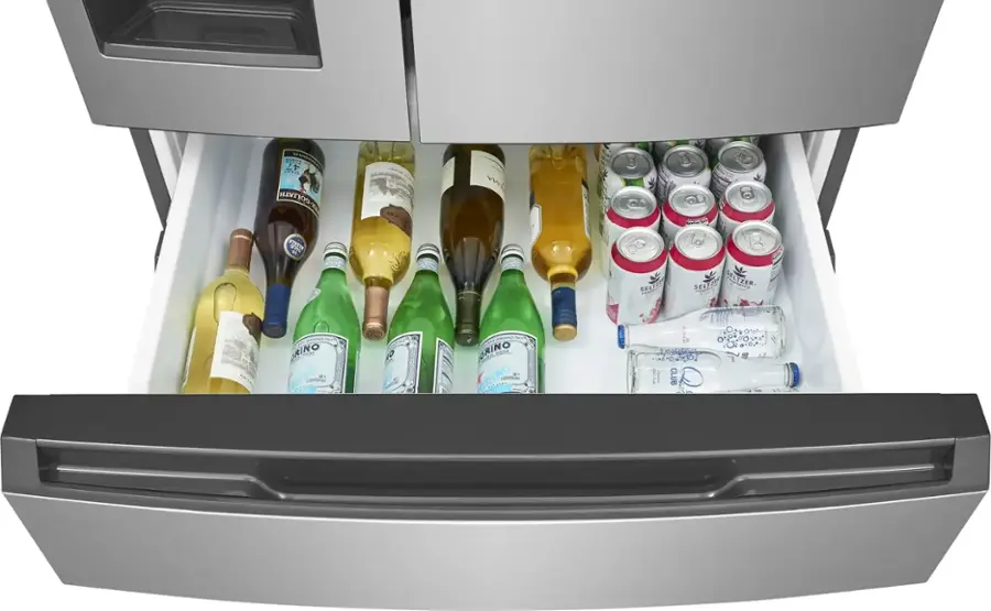 The image shows a refrigerator with a variety of drinks inside. There are multiple bottles of wine and beer, as well as a few cans of soda. The refrigerator is stocked with a total of 11 bottles, including wine and beer, and 4 cans of soda. The drinks are arranged neatly in the refrigerator, making it an inviting and well-stocked space for refreshments.