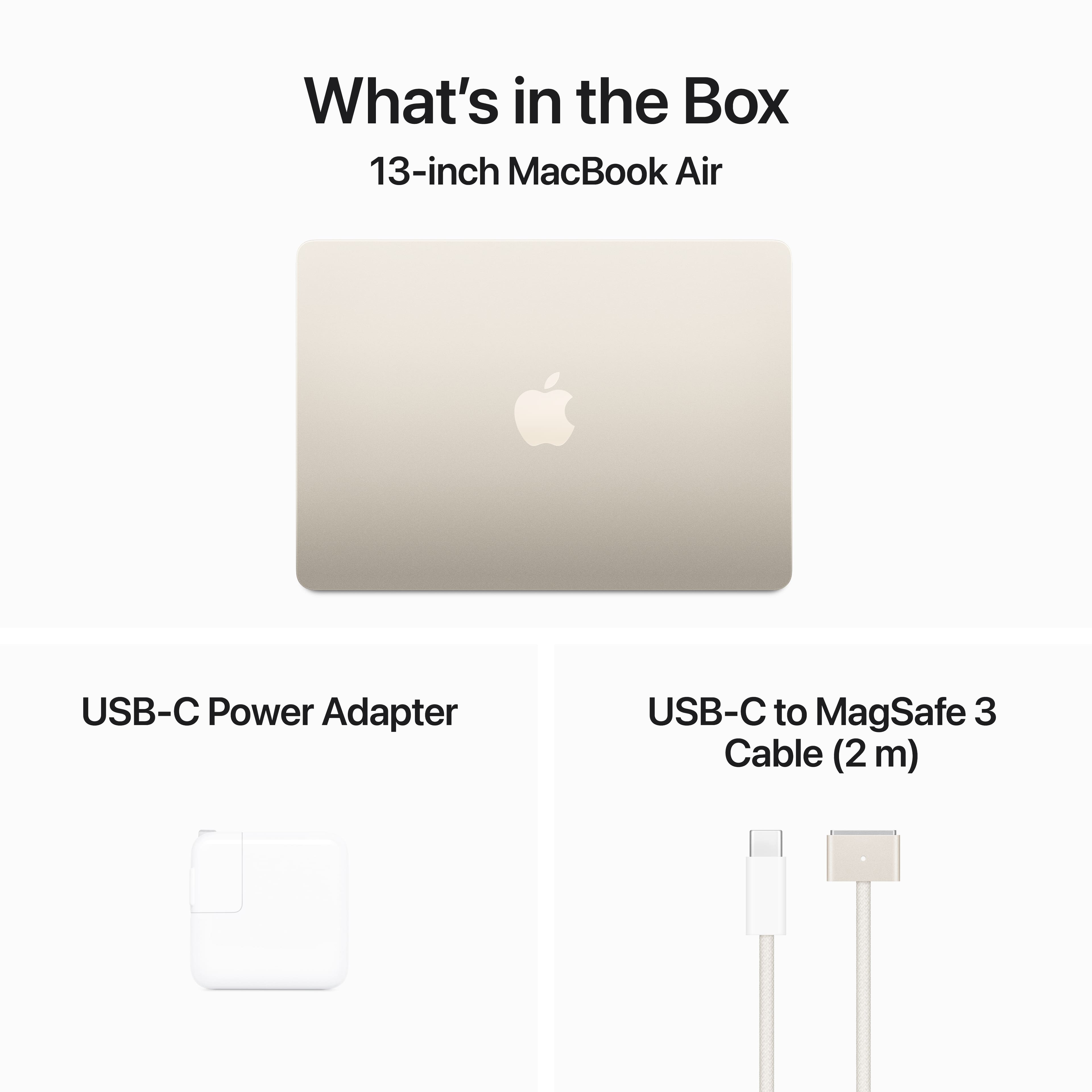 What's in the Box: 13-inch MacBook Air, USB-C Power Adapter, USB-C to MagSafe 3 Cable (2 m)
