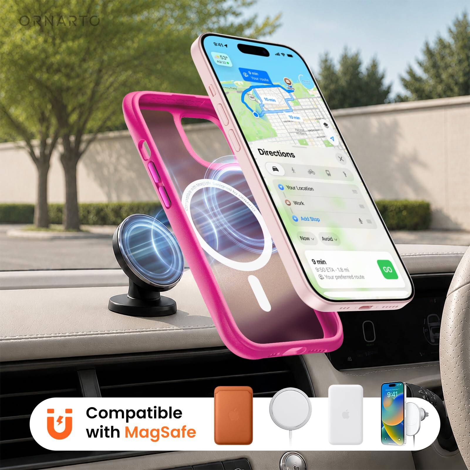 ORNARTO

Directions
Your Location
Work
Add Stop

Now
9 min
$50 ETA - 1.8 mi
Your preferred route

Compatible with MagSafe

9:41