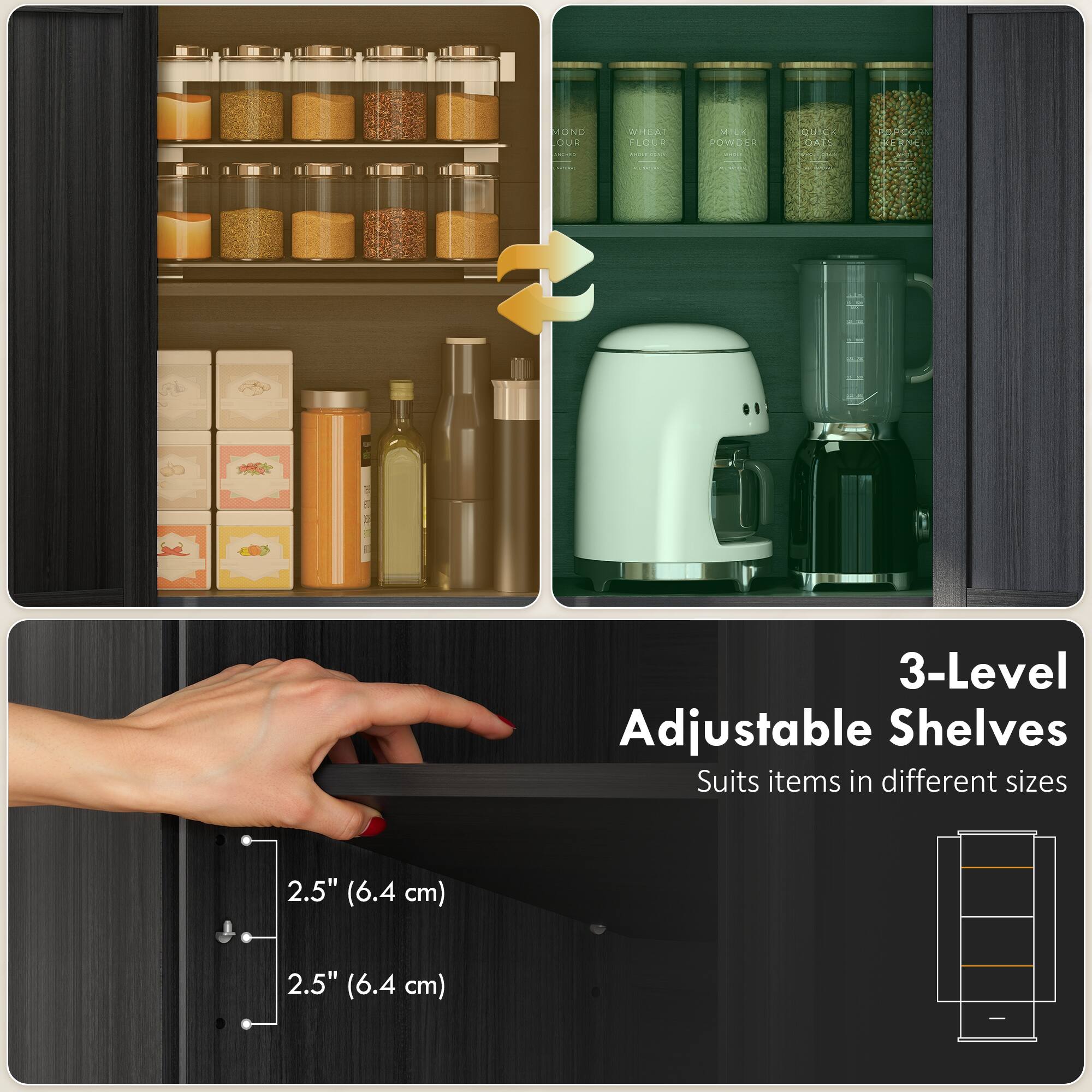 AOND 202 CO WHEAT FLOUR c MICK COWCY UO DAL adidad 3 3-Level Adjustable Shelves Suits items in different sizes 2.5" (6.4 cm) 2.5" (6.4 cm)