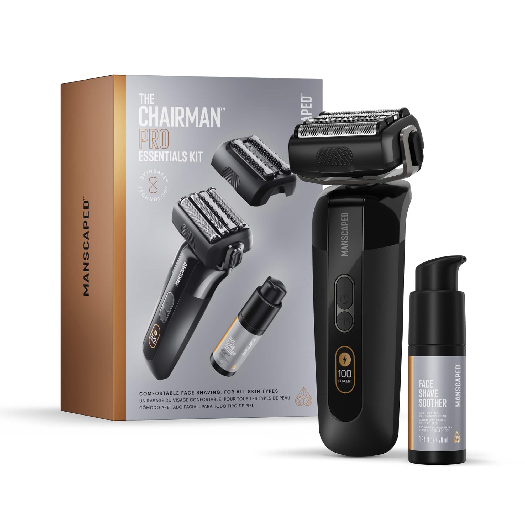 Manscaped The Chairman Pro Essentials Kit includes a shaving razor, shaving cream, and aftershave lotion. The kit is designed for comfortable and effective facial shaving for all skin types. The razor is suitable for all types of facial hair, and the shaving cream and aftershave lotion provide a soothing and moisturizing experience. The kit is available for $150, and it comes with a free travel bag.