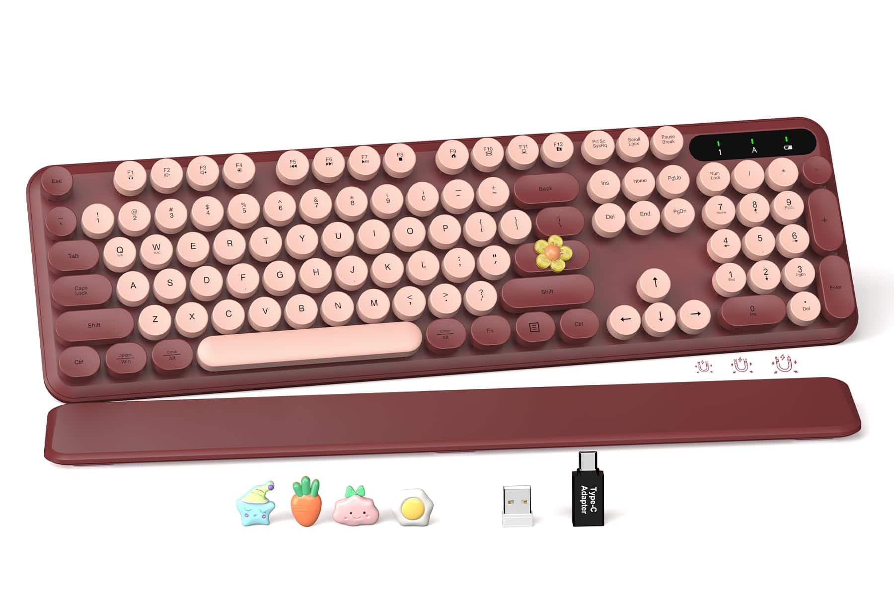 PARKER SLATER - Wireless And Mouse Combo Cute Round Keycaps Full-size Retro Typewriter With Detachable Wrist Rest 2.4ghz Cordless - Burgundy Colors