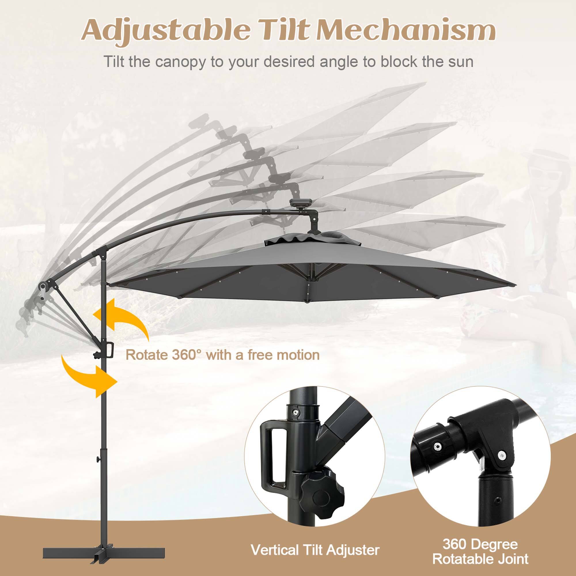 Adjustable Tilt Mechanism: Tilt the canopy to your desired angle to block the sun. Rotate 360 with a free motion. Vertical Tilt Adjuster: 360 Degree Rotatable Joint.