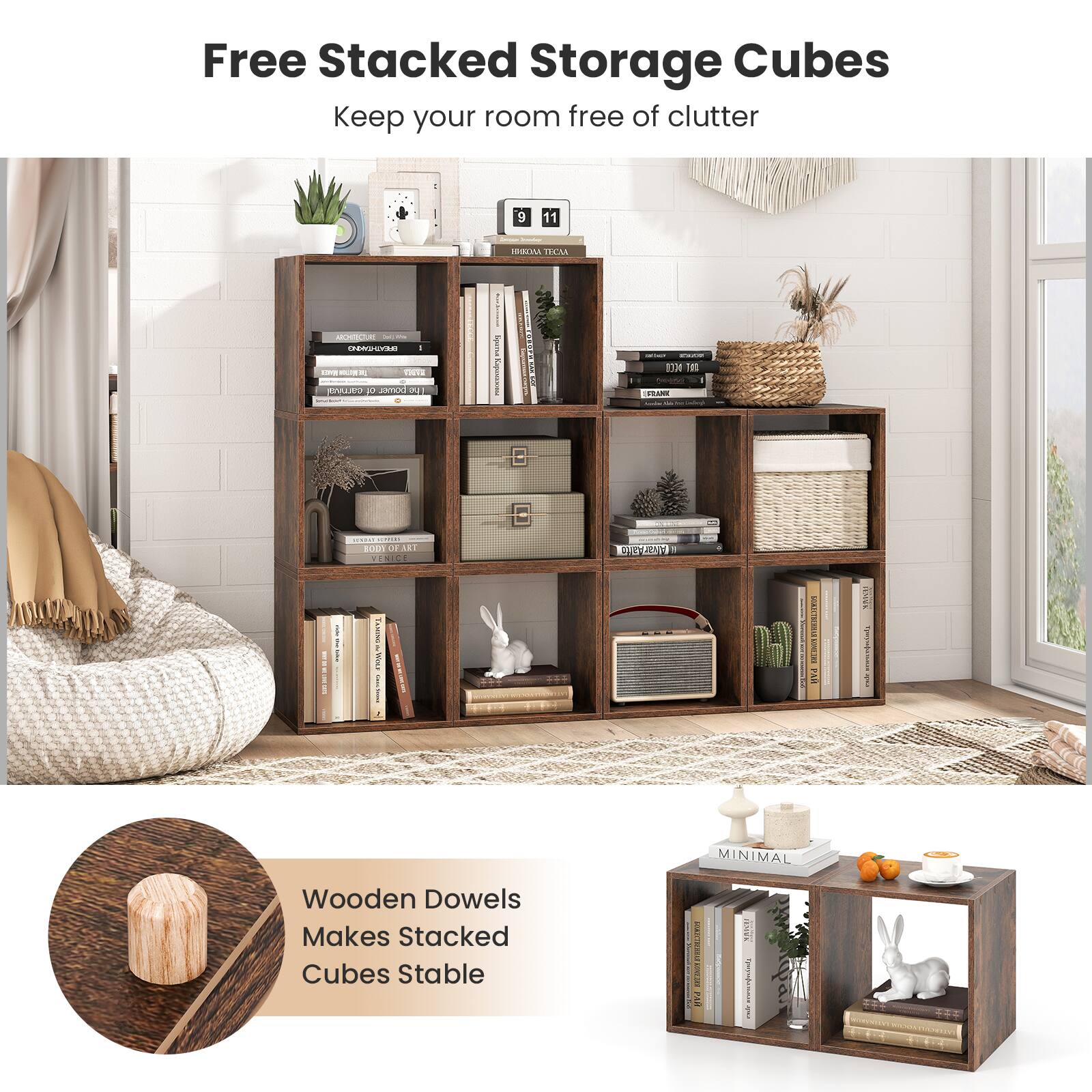 Free Stacked Storage Cubes  
Keep your room free of clutter  

Wooden Dowels Makes Stacked Cubes Stable