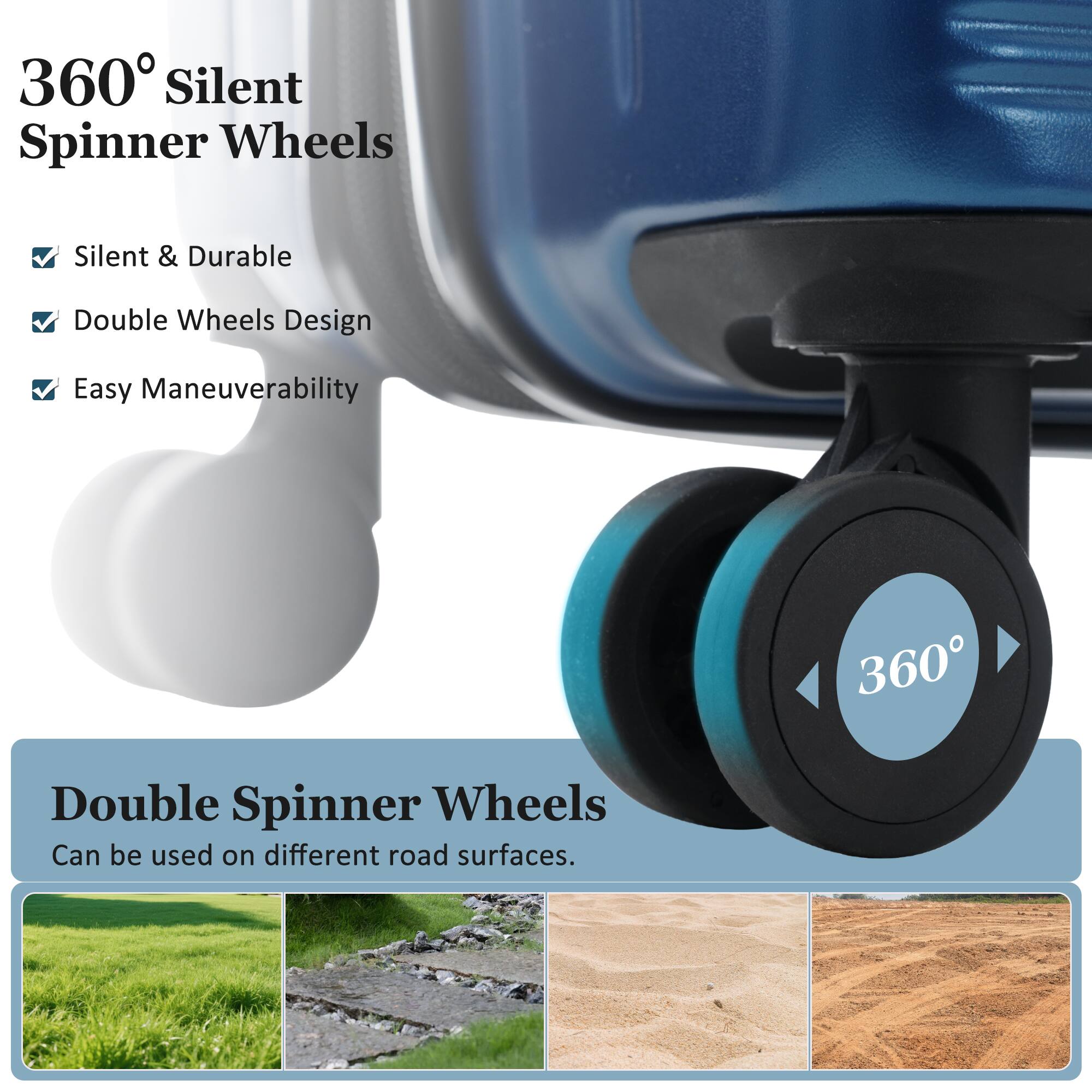 360° Silent Spinner Wheels

- Silent & Durable
- Double Wheels Design
- Easy Maneuverability

Double Spinner Wheels
Can be used on different road surfaces.