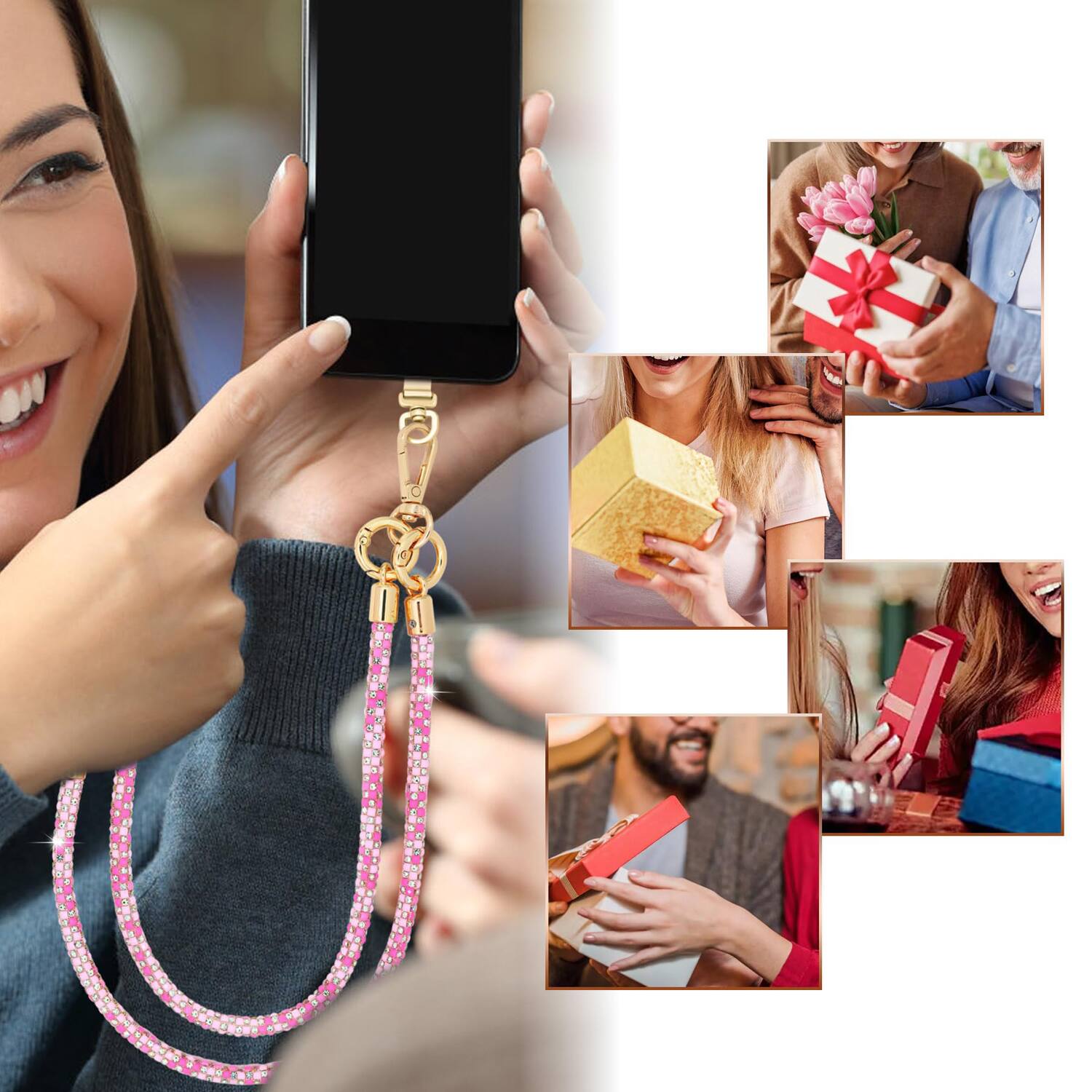 Alt View 2. Dteck - 3-in-1 Glitter Crossbody Phone Lanyard,Sparkly Crystal Phone Strap Fashion Wrisrstrap for Universal Smartphone Cases - Pink.