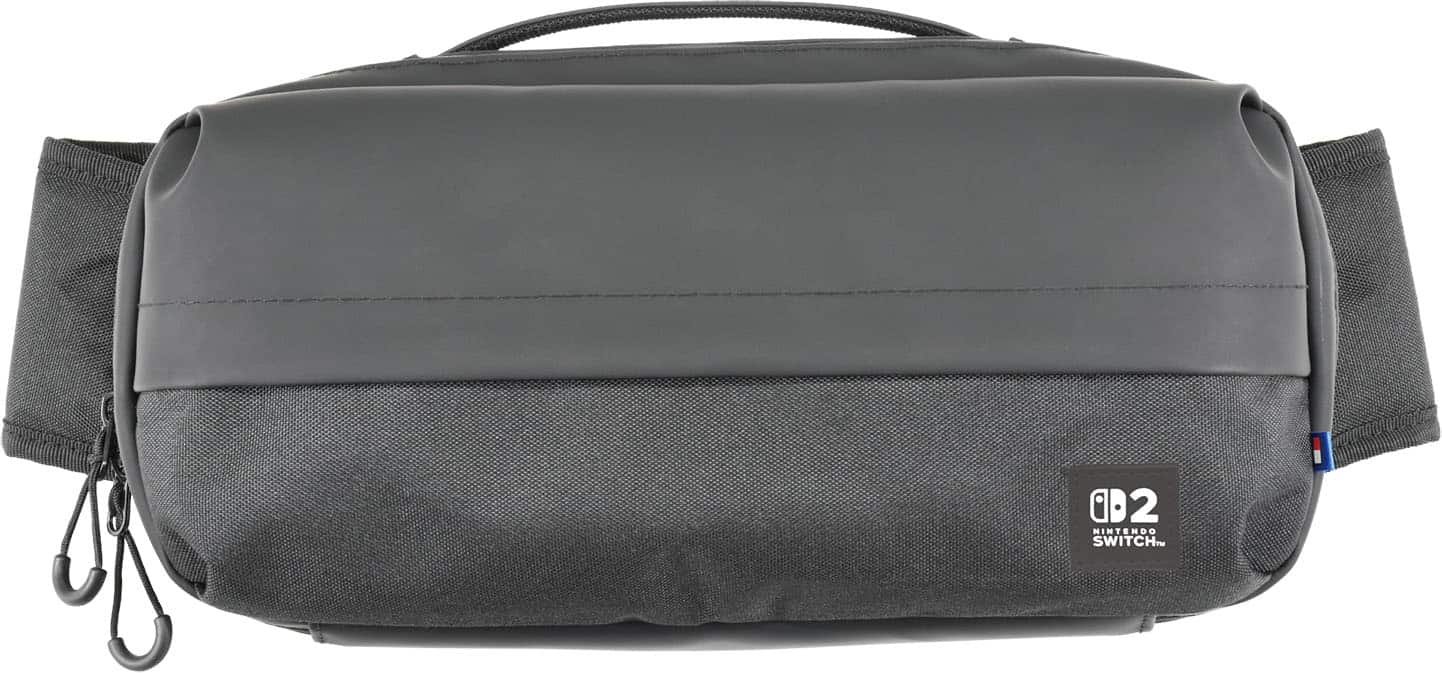 The image shows a black Nintendo Switch carrying case. The case is designed to protect the gaming console and its accessories during transportation. The case is made of durable material and features a strap for easy carrying. The Nintendo Switch logo is visible on the case, indicating its compatibility with the gaming console.