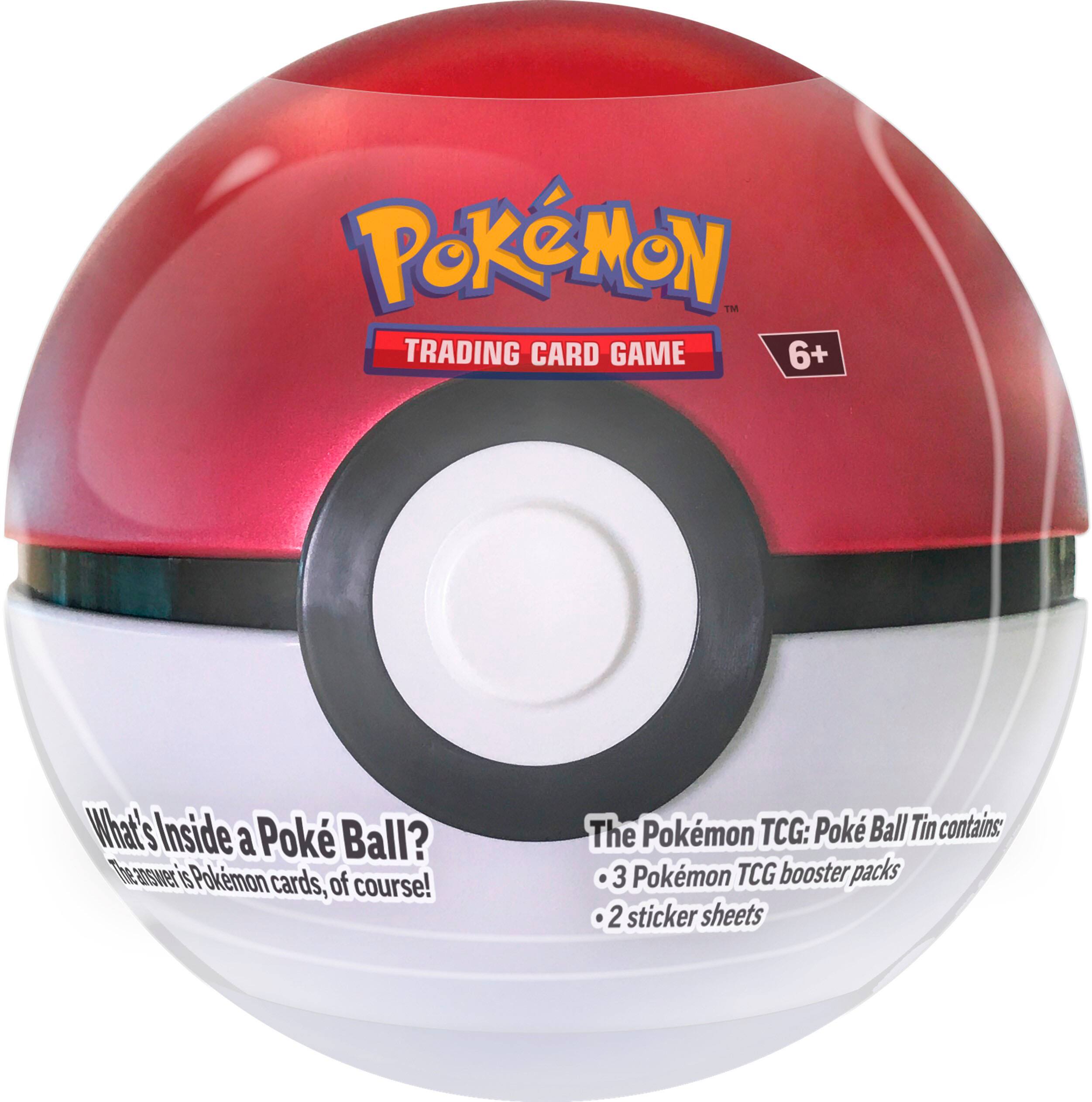 Pokemon TCG: Poke Ball Tin contains 3 Pokemon TCG booster packs and 2 sticker sheets.