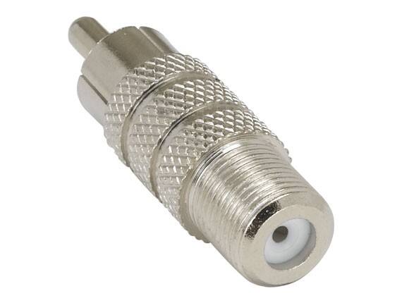 Angle. Cable Leader - F-Type Male to RCA Female Adapter, 75-Ohm, RF Coaxial, Fully Molded - Silver.