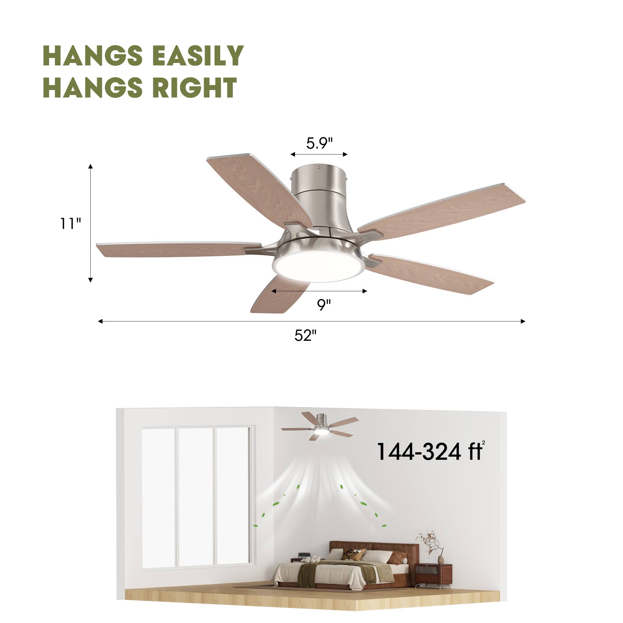 HANGS EASILY  
HANGS RIGHT  

5.9"  
11"  
9"  
52"  

144-324 ft²