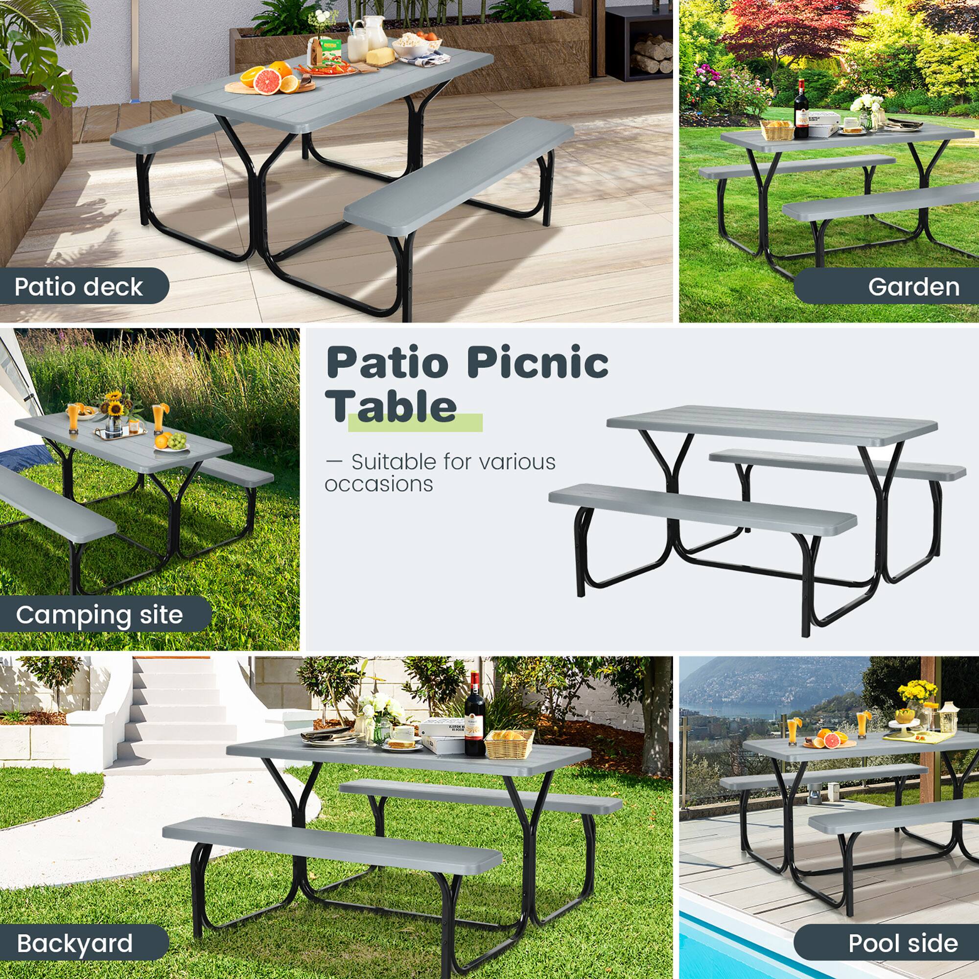 Patio Picnic Table  
— Suitable for various occasions  

Patio deck  
Garden  
Camping site  
Backyard  
Pool side