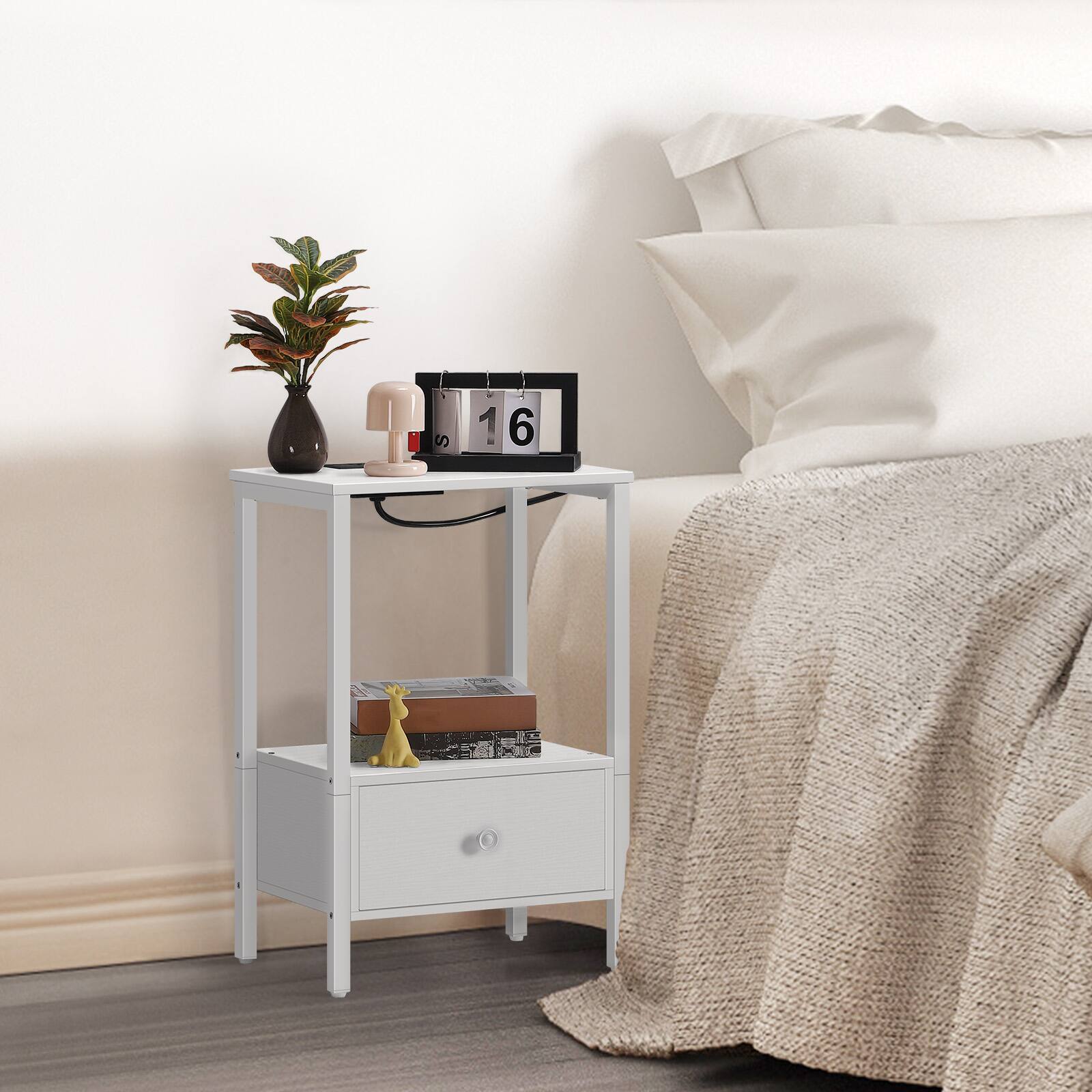 Alt View 2. Oumilen - Set of 2 Nightstand with Built-in Charging Station & Wood Drawer, White - White.