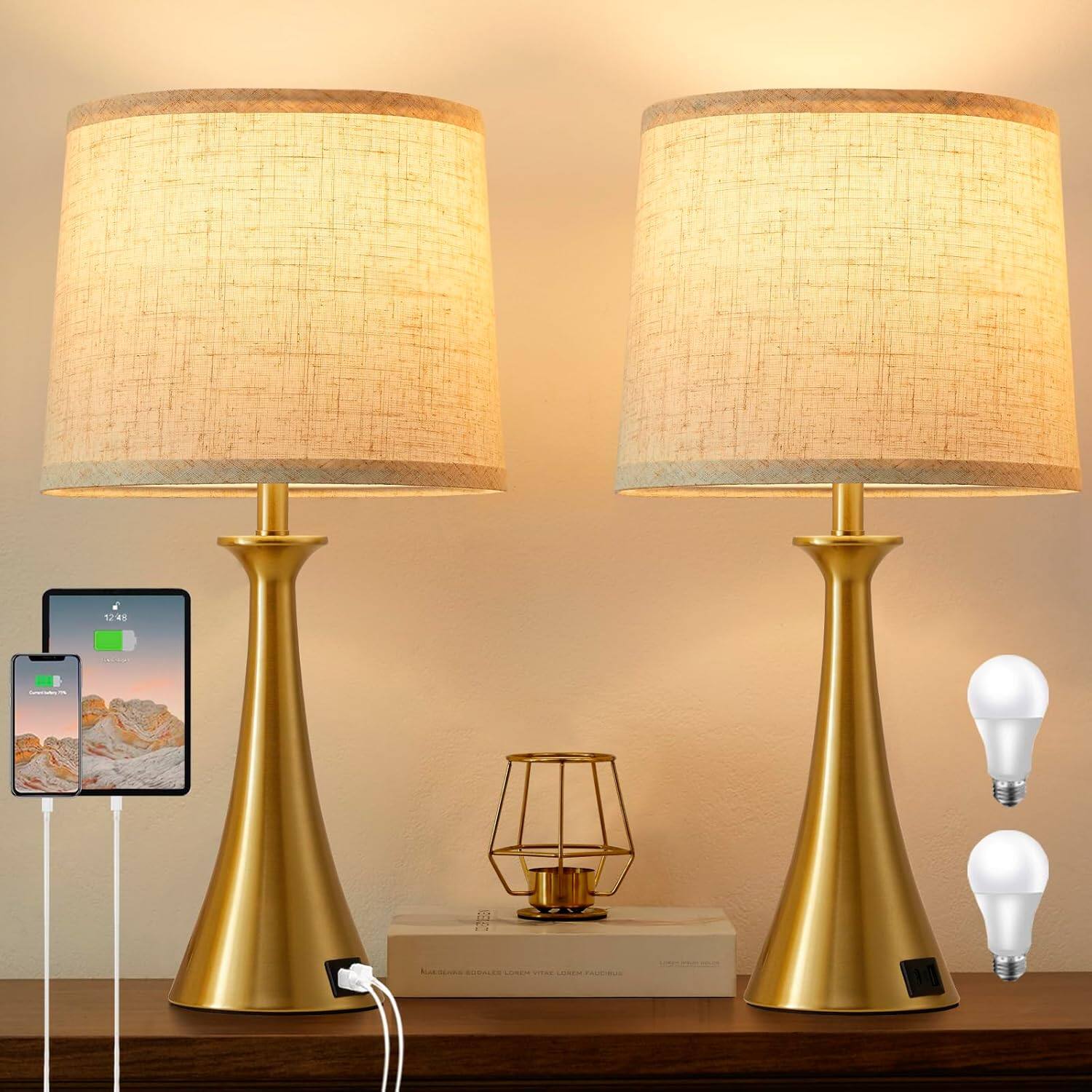 Back. Dazzed Corner - Table Lamps Set of 2, Bedside Lamps for Nightstand - Gold.