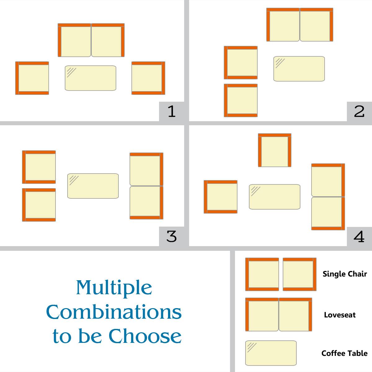 1 2 3 4 Multiple Combinations to be Choose Single Chair Loveseat Coffee Table