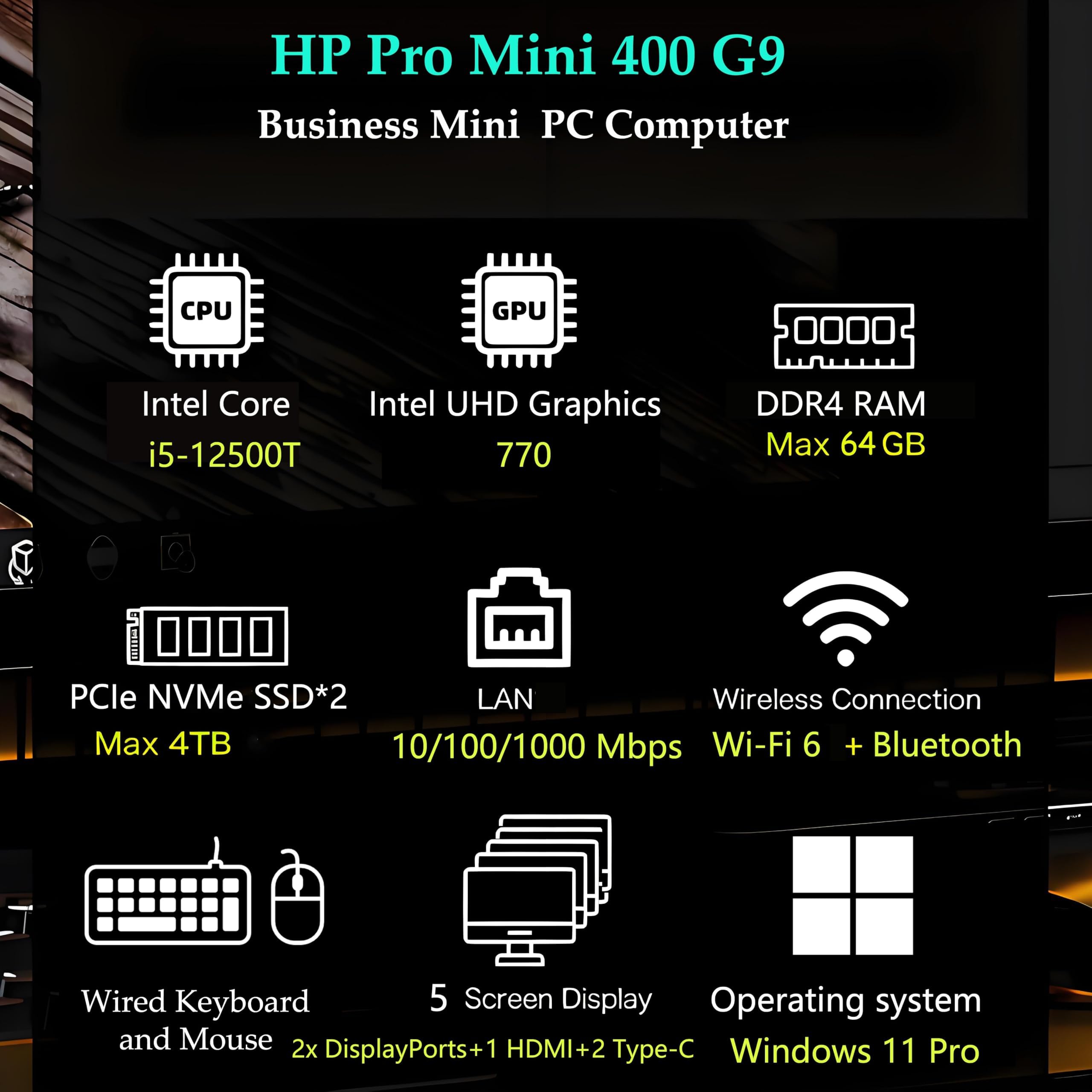 HP Pro Mini 400 G9 Business Mini PC Computer

- CPU: Intel Core i5-12500T
- GPU: Intel UHD Graphics 770
- RAM: DDR4 Max 64 GB
- Storage: PCIe NVMe SSD*2 Max 4TB
- LAN: 10/100/1000 Mbps
- Wireless Connection: Wi-Fi 6 + Bluetooth
- Ports: 2x HDMI + 2x DisplayPorts + 1 Type-C
- Accessories: Wired Keyboard and Mouse
- Operating System: Windows 11 Pro