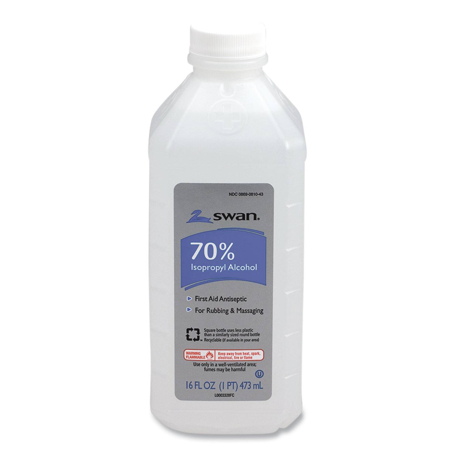 NDC 0669-0810-43  
swan.  
70% Isopropyl Alcohol  
First Aid Antiseptic  
For Rubbing & Massaging  

Square bottle uses less plastic than a similarly sized round bottle. Recyclable.  

WARNING: FLAMMABLE. Keep away from heat, spark, flame or open flame. Use only in a well-ventilated area. Fumes may be harmful.  

16 FL OZ (1 PT) 473 mL  

L000322IFC