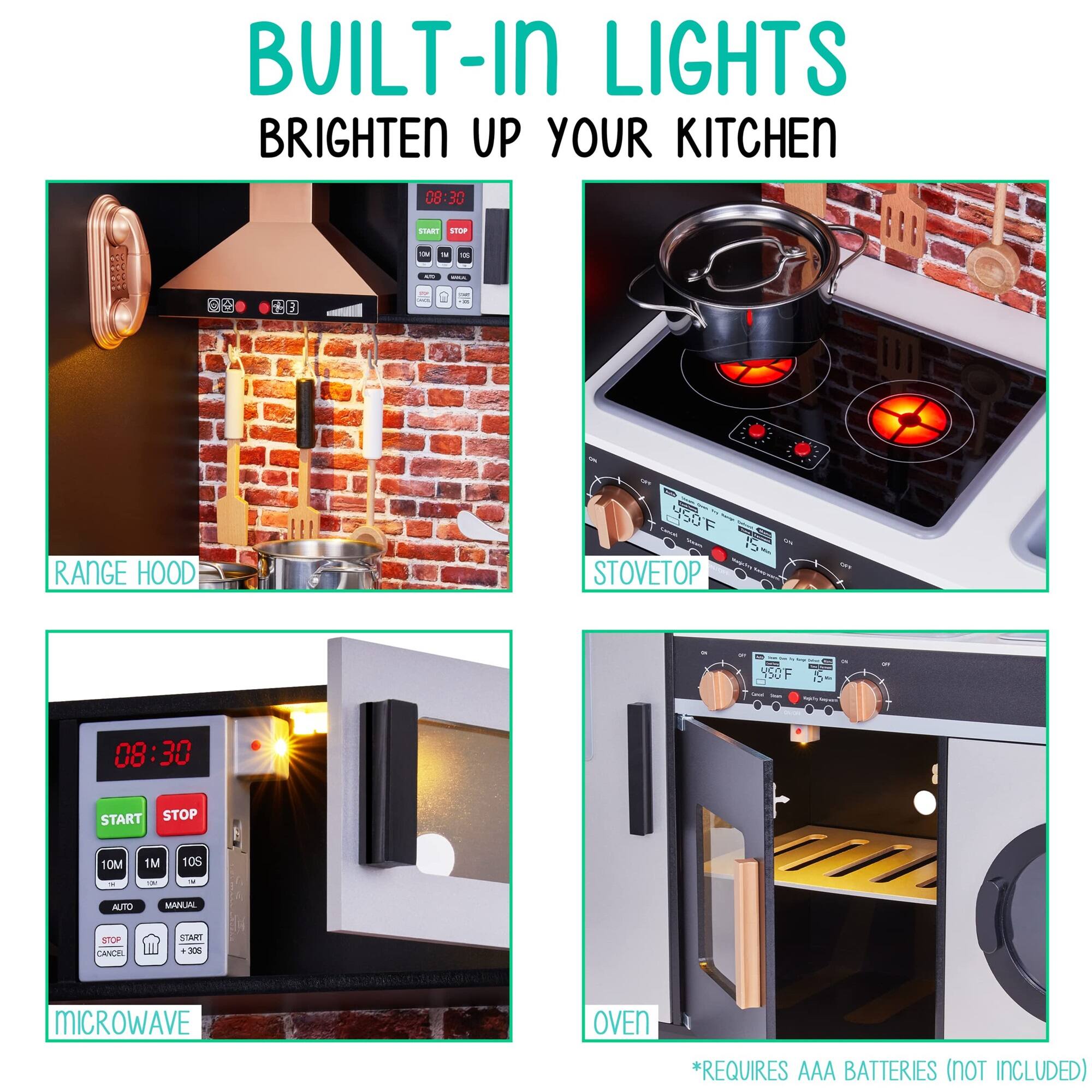 BUILT-IN LIGHTS BRIGHTEN UP YOUR KITCHEN

RANGE HOOD

STOVETOP

MICROWAVE

OVEN

*REQUIRES AAA BATTERIES (NOT INCLUDED)