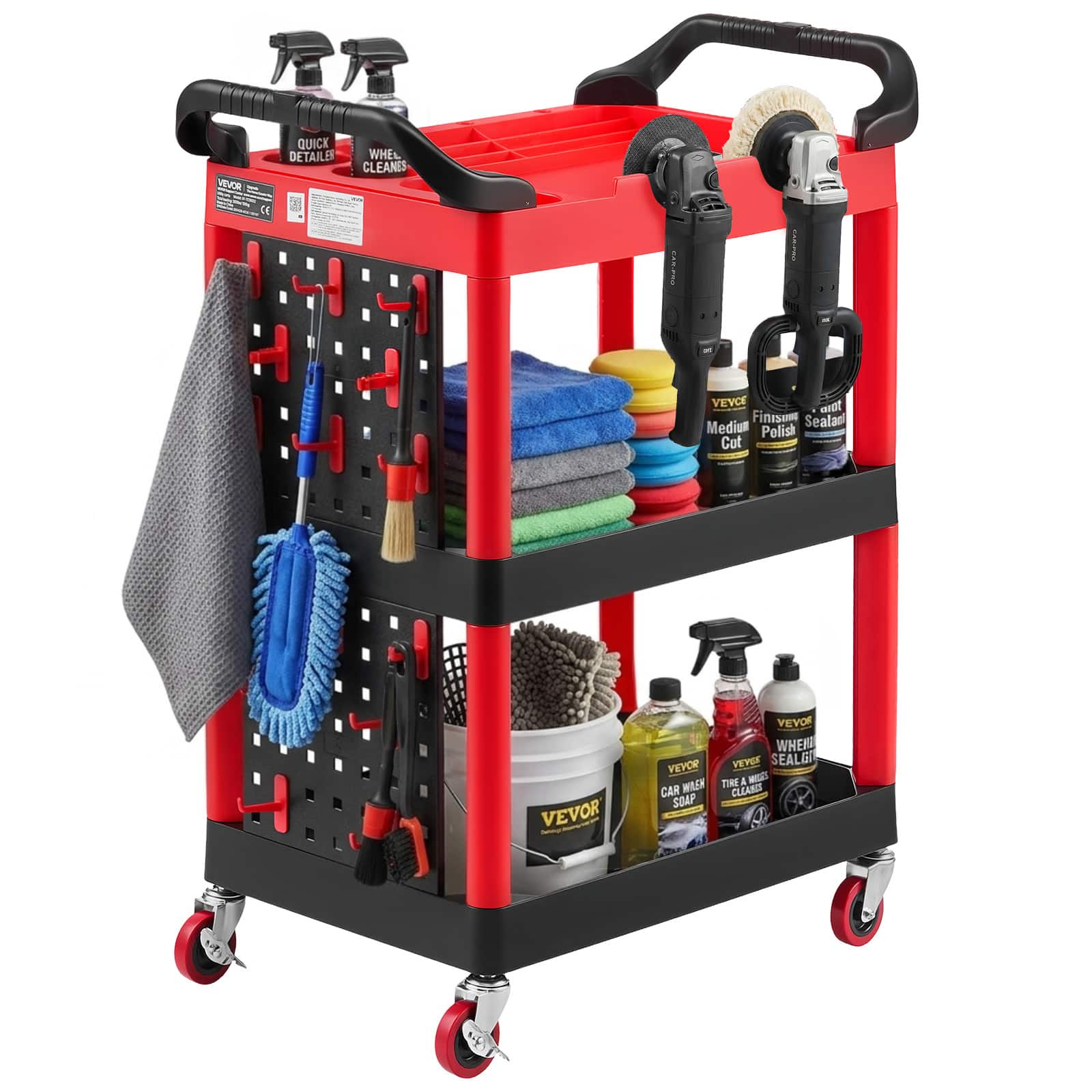 VEVOR - Utility Cart, 300 lbs Capacity, 3 Tier Service Cart with 360° Swivel Wheels (2 with Brakes), Heavy Duty Plastic Rolling - Red;Black price history on PriceWatchPro