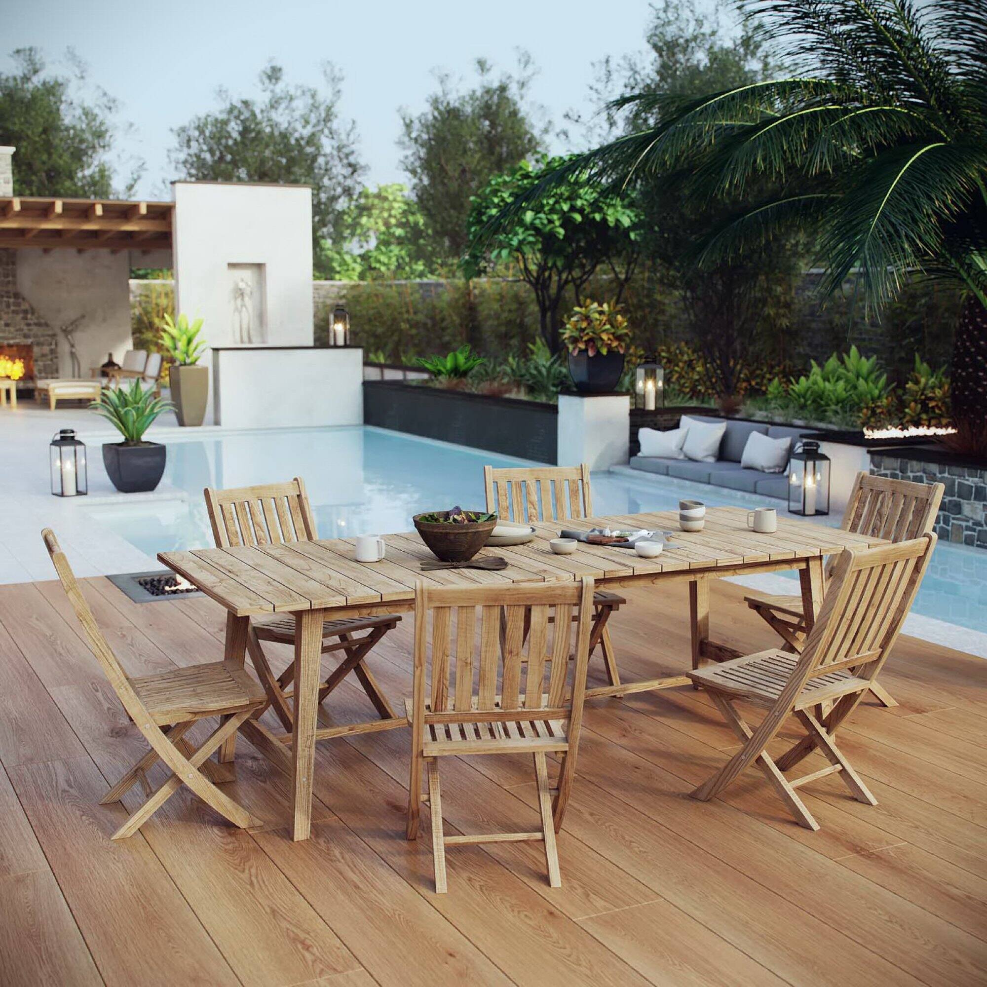 Alt View 4. Modway - Marina 7-Piece Outdoor Teak Patio Dining Set - Natural.