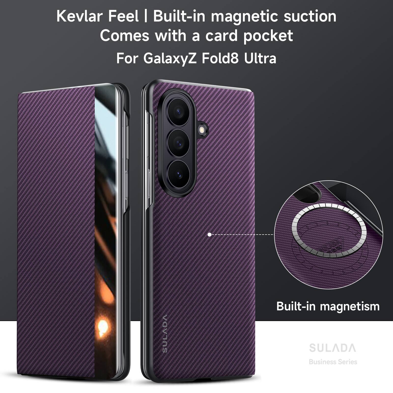 Kevlar Feel | Built-in magnetic suction  
Comes with a card pocket  
For GalaxyZ Fold8 Ultra  

Built-in magnetism  

SULADA  
Business Series