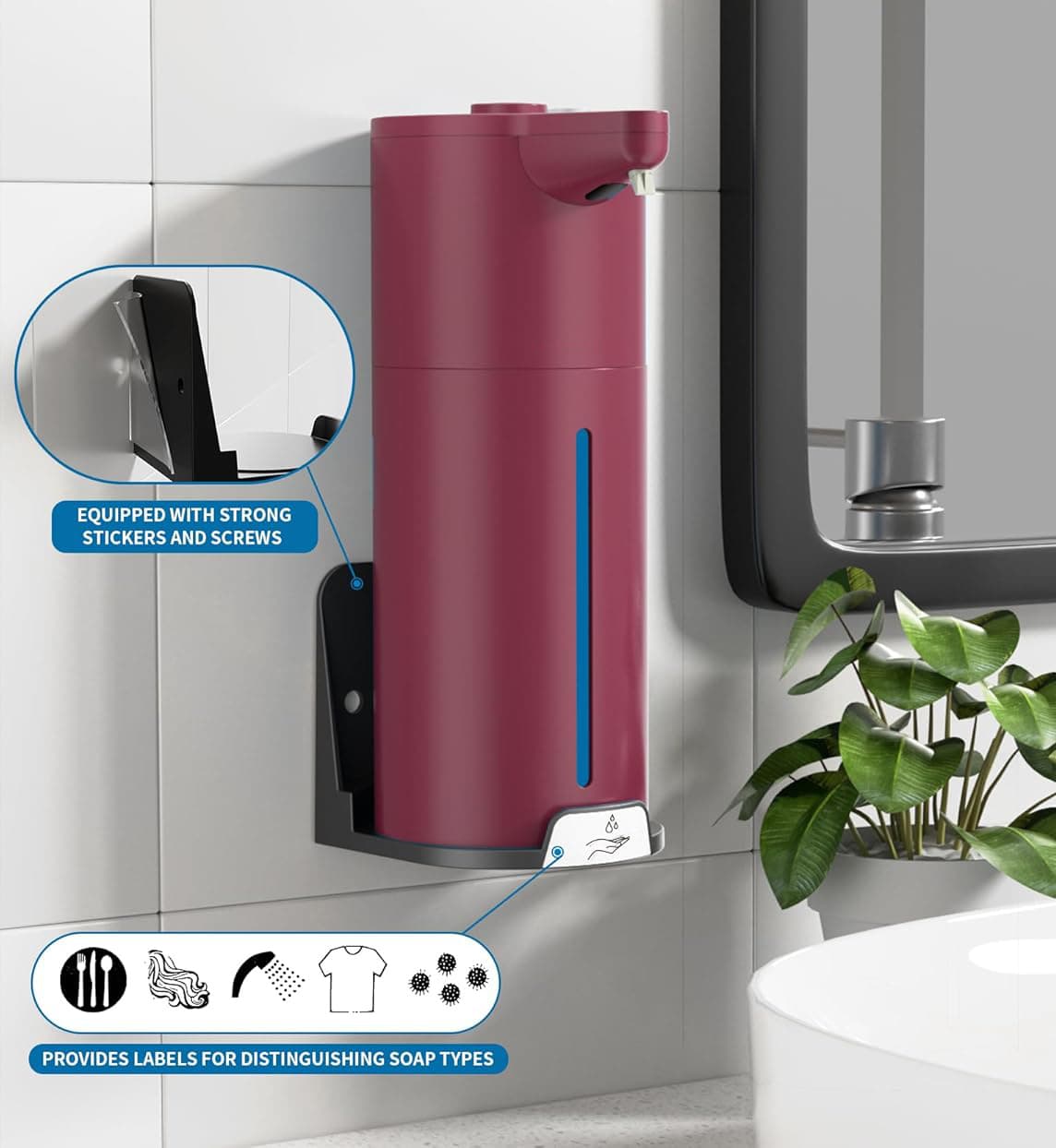 EQUIPPED WITH STRONG STICKERS AND SCREWS

PROVIDES LABELS FOR DISTINGUISHING SOAP TYPES