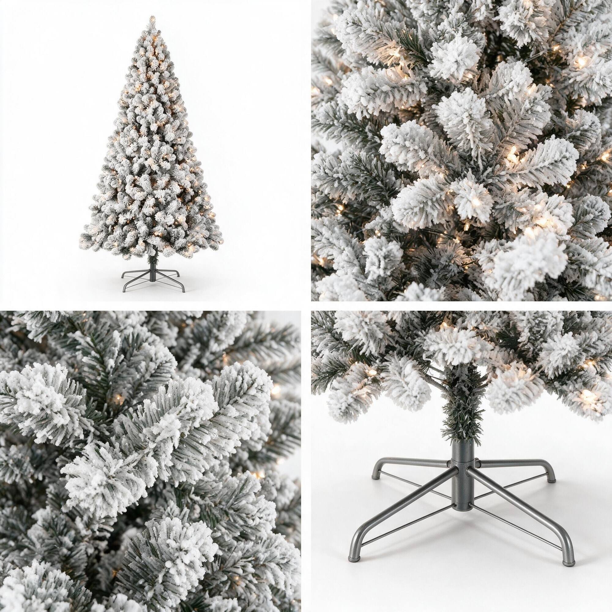 Left. RYHNUYNE - 9FT Flocked Pre-Lit Christmas Tree, 650 Warm White Lights 1930 PVC Tips Auto-Unfold Memory Wire Easy Setup Metal Stand - Green,White.