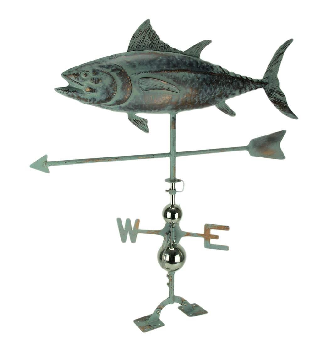 Zeckos - Verdigris Patina Metal Tuna Fish Weather Vane with Roof Mount - Green