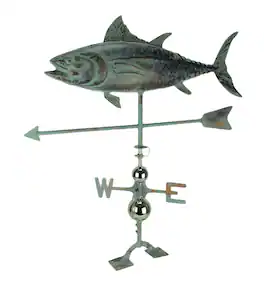 Zeckos - Verdigris Patina Metal Tuna Fish Weather Vane with Roof Mount - Green