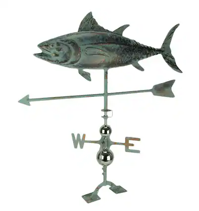 Front. Zeckos - Verdigris Patina Metal Tuna Fish Weather Vane with Roof Mount - Green.