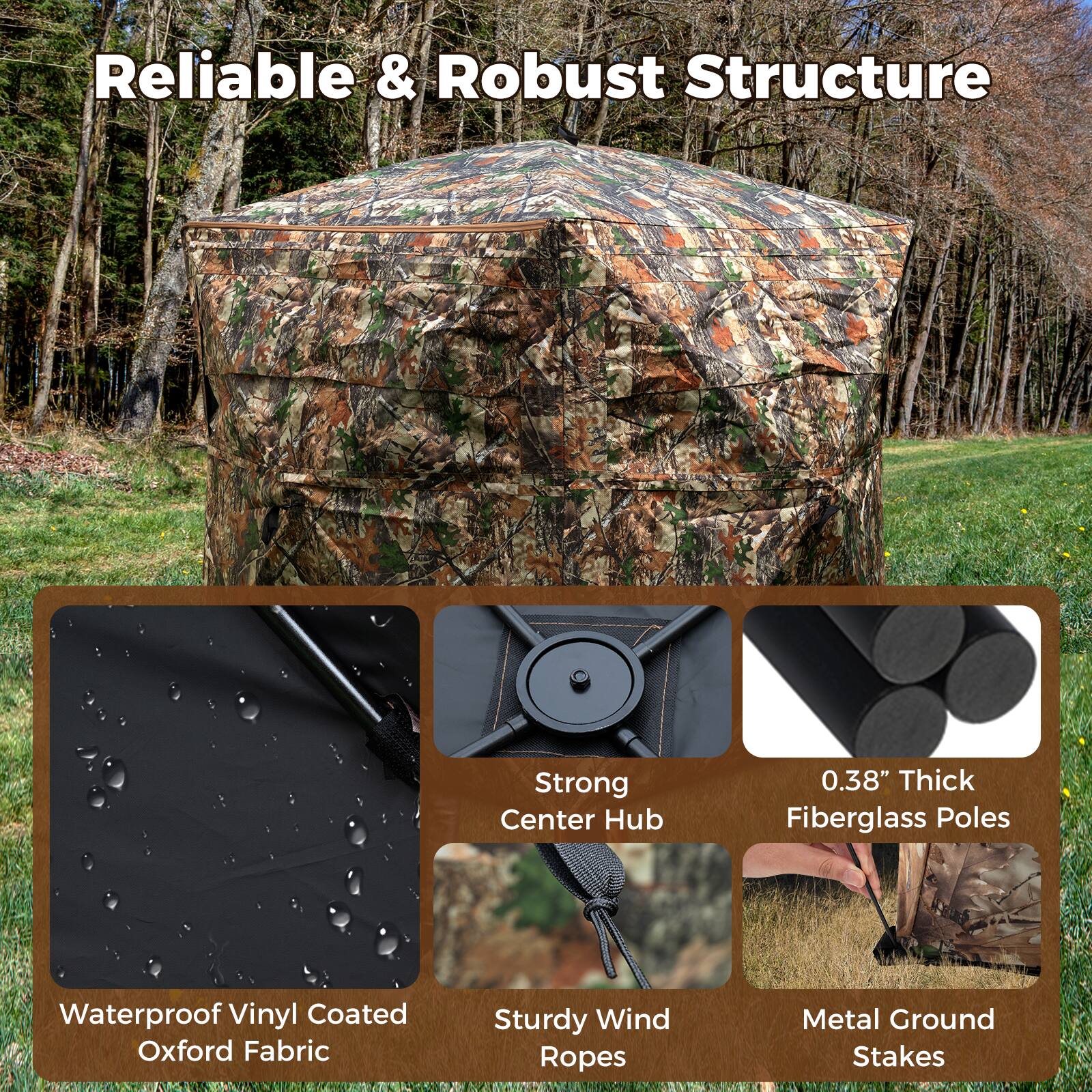 Reliable & Robust Structure

- Strong Center Hub
- 0.38" Thick Fiberglass Poles
- Waterproof Vinyl Coated Oxford Fabric
- Sturdy Wind Ropes
- Metal Ground Stakes
