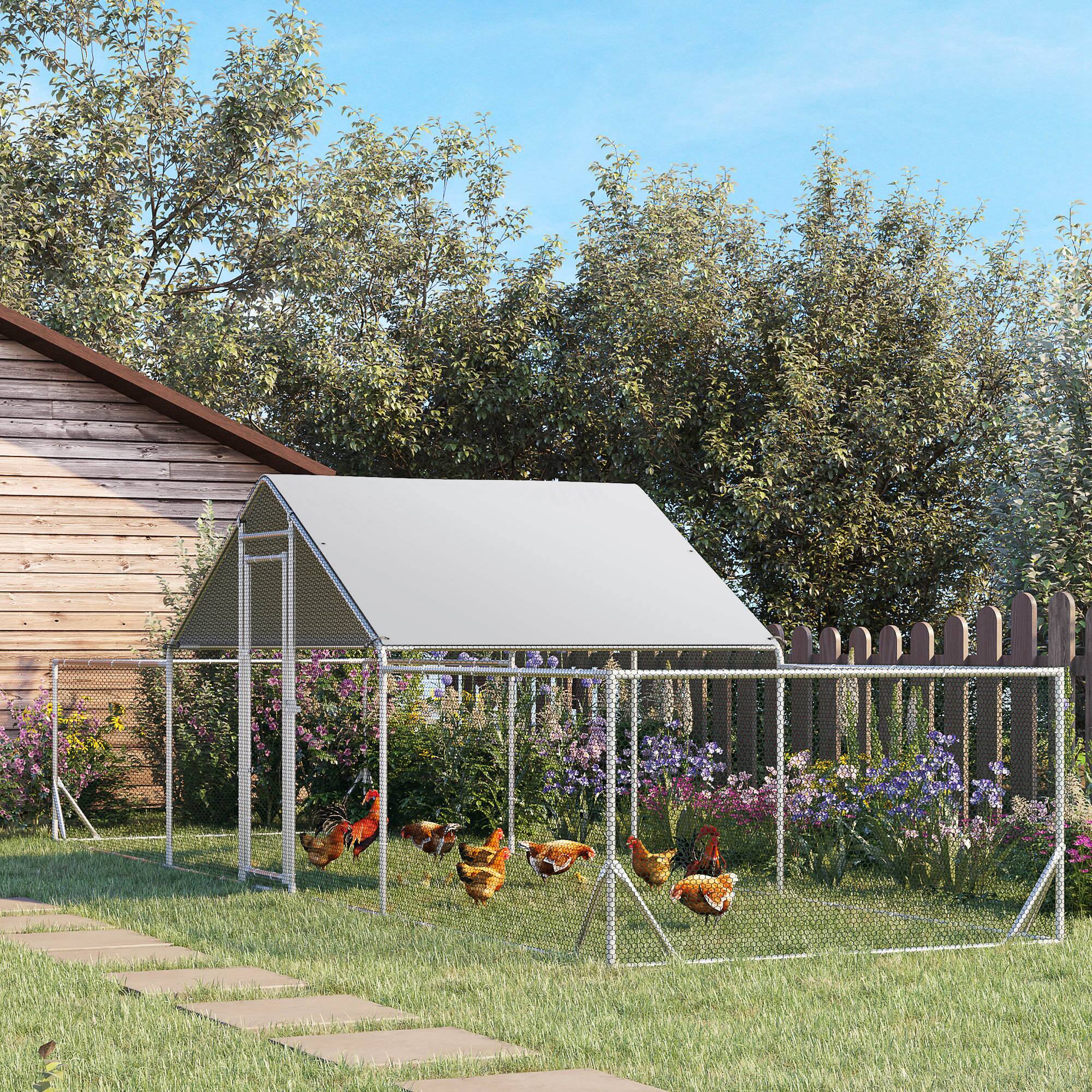 Angle. Pawhut - Large Chicken Coop with Waterproof, Anti-UV Cover, Spire Shaped Walk in Hen House for Outdoor Yard Farm Use - Silver.