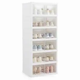 Costway - 6-Tier Folding Plastic Sneaker Storage Boxes with Clear Doors 12 Pairs for Entryway - White & Transparent