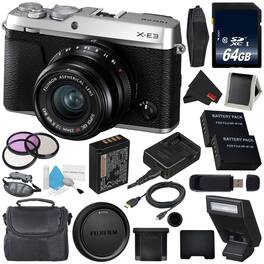 Fujifilm - X-E3 Mirrorless Digital Camera 23mm f/2 Lens (Silver) #16559053 (International Version) + Extra Battery + 64GB - Silver